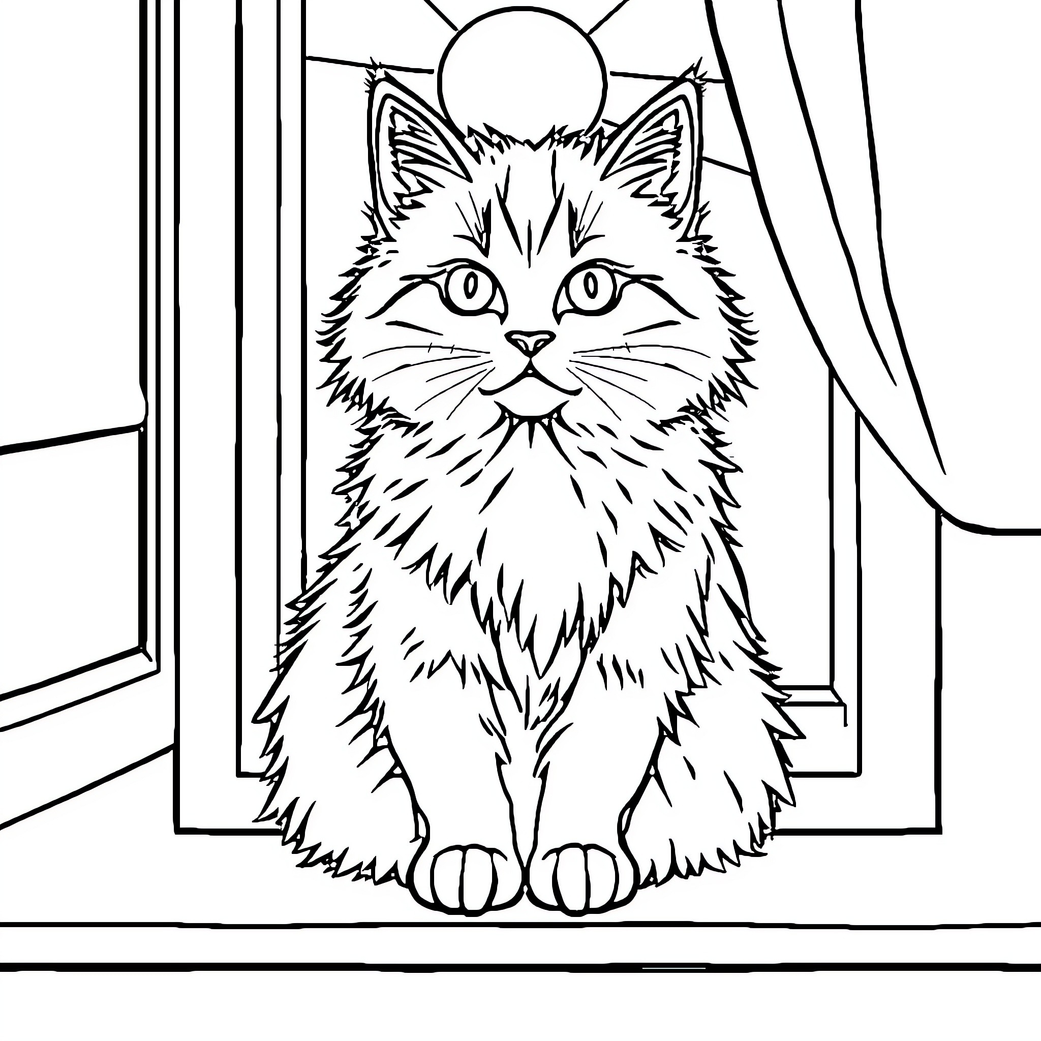 Cat staring intently through a window Coloring Page (free black-and-white line drawing printable PDF for all, from beginners to advanced learners, including children, teens, adults, and seniors)
