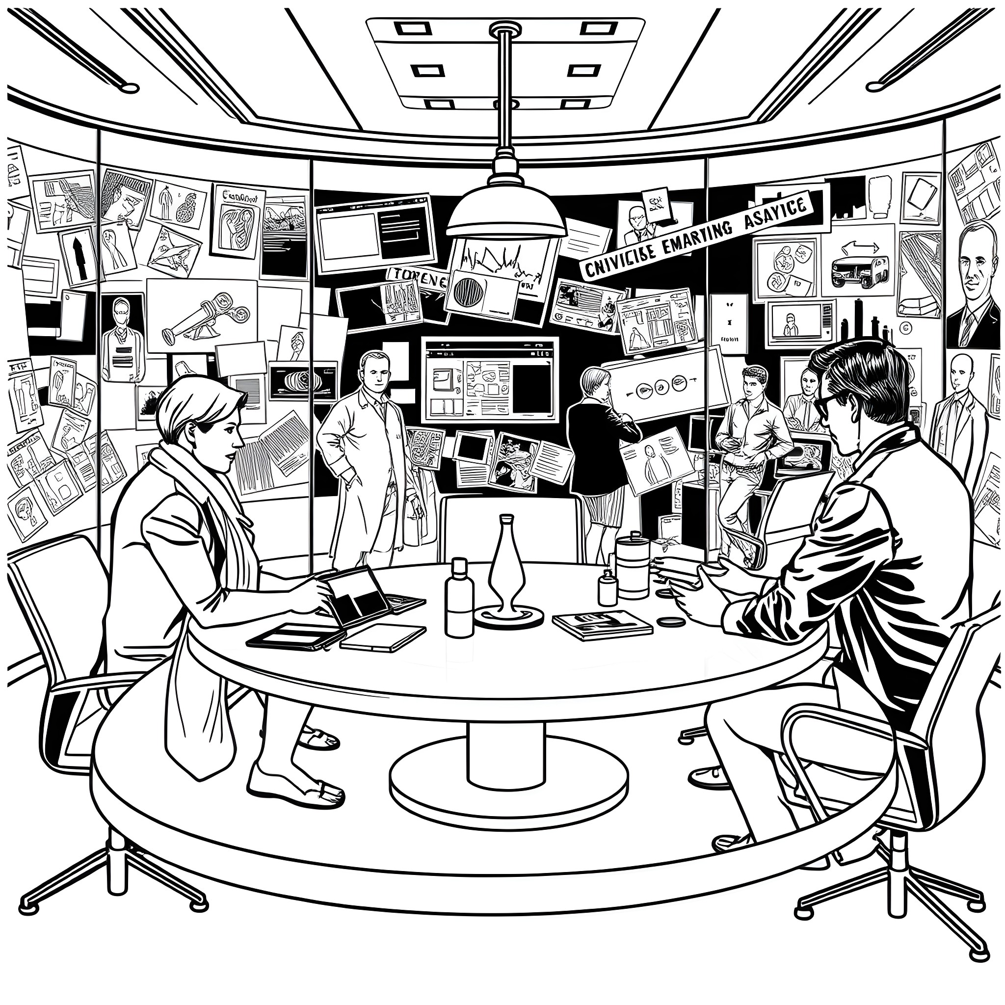 Character Meeting in Cluttered Creative Office Coloring Page (free black-and-white line drawing printable PDF for all, from beginners to advanced learners, including children, teens, adults, and seniors)