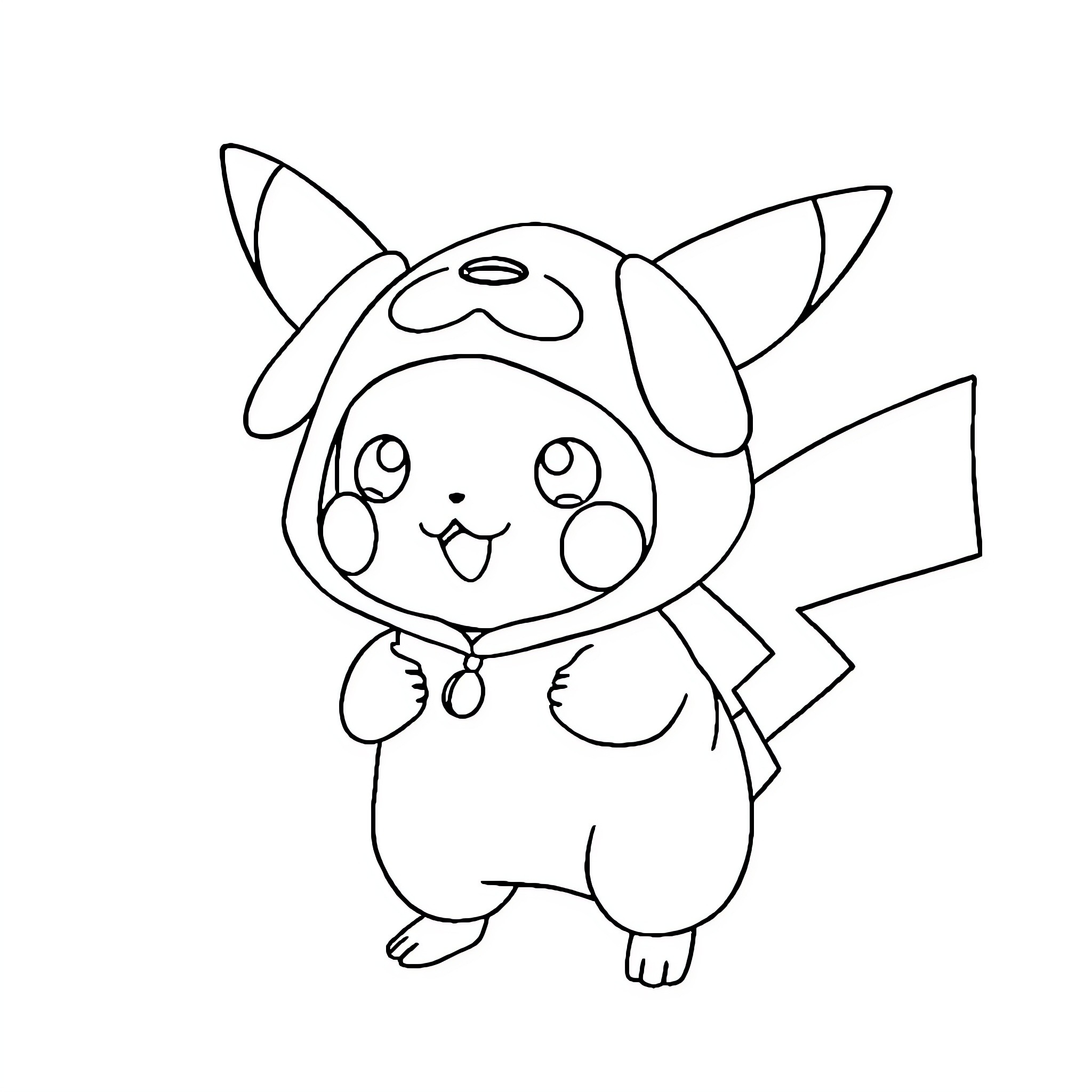 Pikachu in a cute outfit posing happily Coloring Page (free black-and-white line drawing printable PDF for all, from beginners to advanced learners, including children, teens, adults, and seniors)