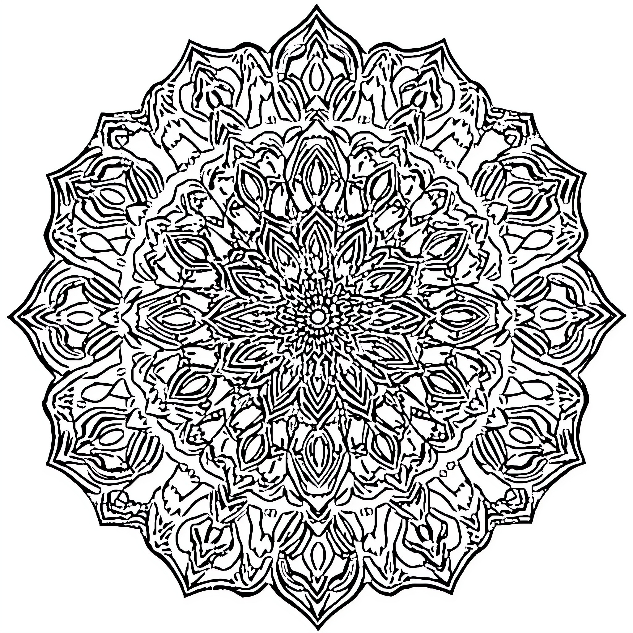 Mandala of intricate floral patterns Coloring Page (free black-and-white line drawing printable PDF for all, from beginners to advanced learners, including children, teens, adults, and seniors)