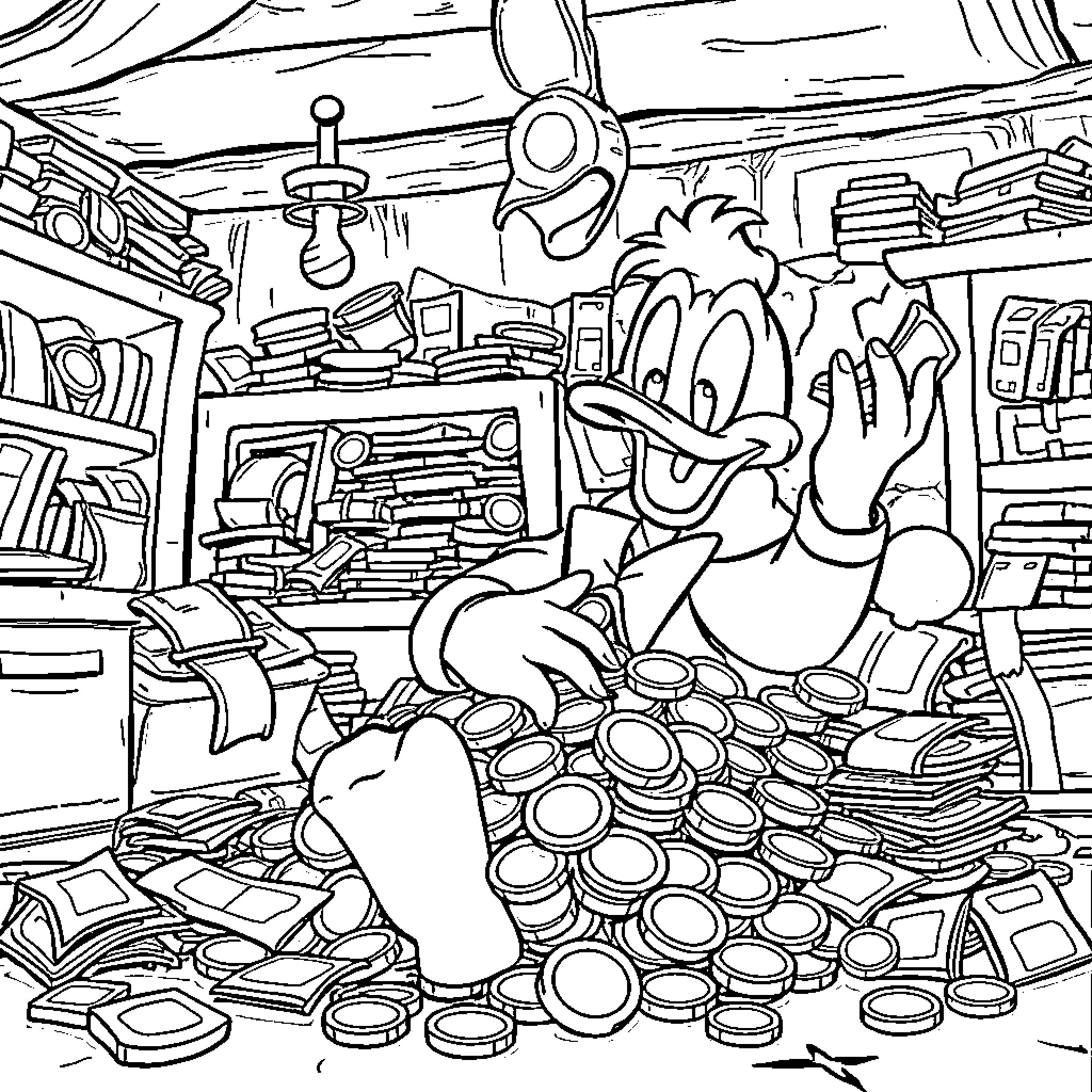 Scrooge's Cluttered Workshop Filled with Treasures Coloring Page (free black-and-white line drawing printable PDF for all, from beginners to advanced learners, including children, teens, adults, and seniors)