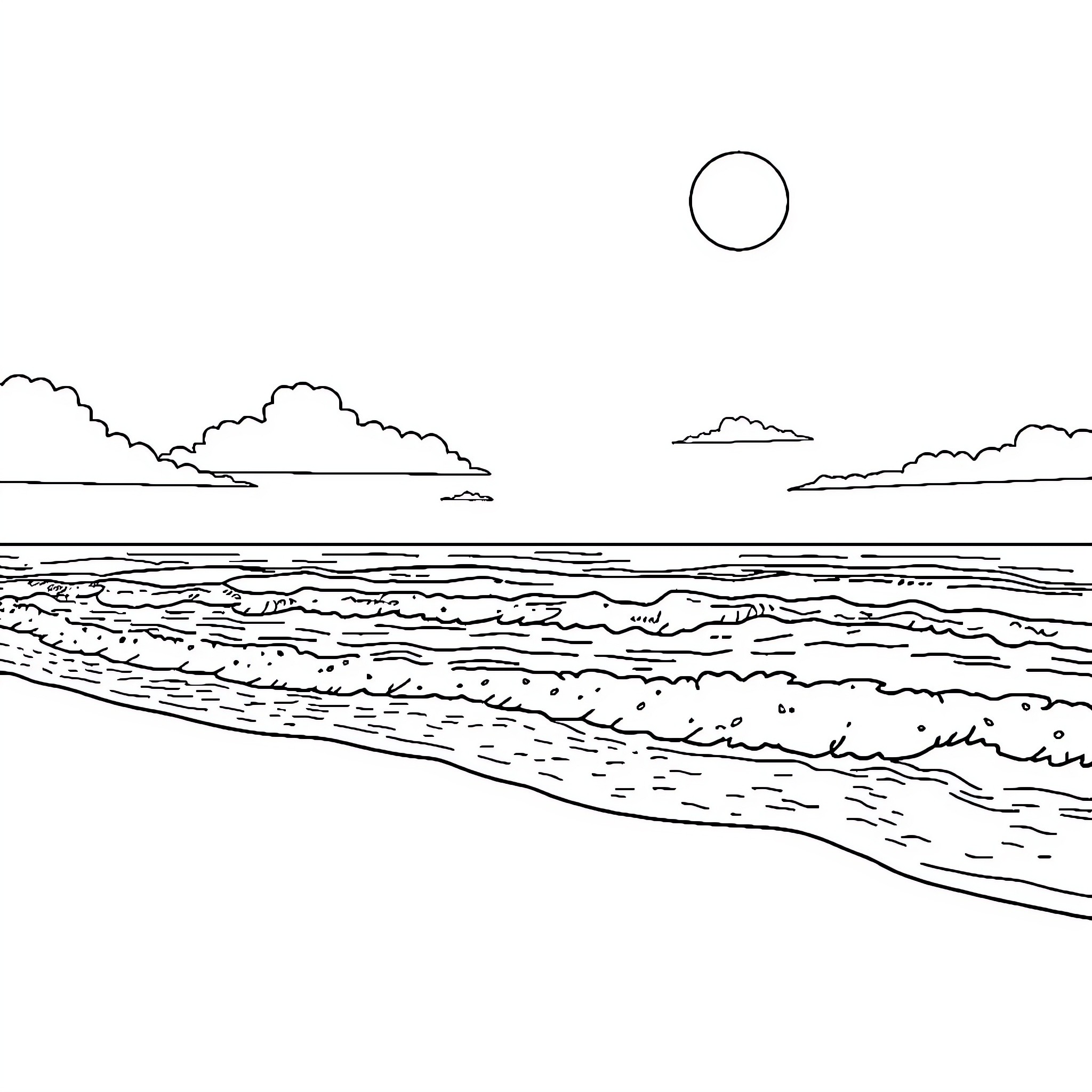 Beach scene with waves and cloudy sky Coloring Page (free black-and-white line drawing printable PDF for all, from beginners to advanced learners, including children, teens, adults, and seniors)