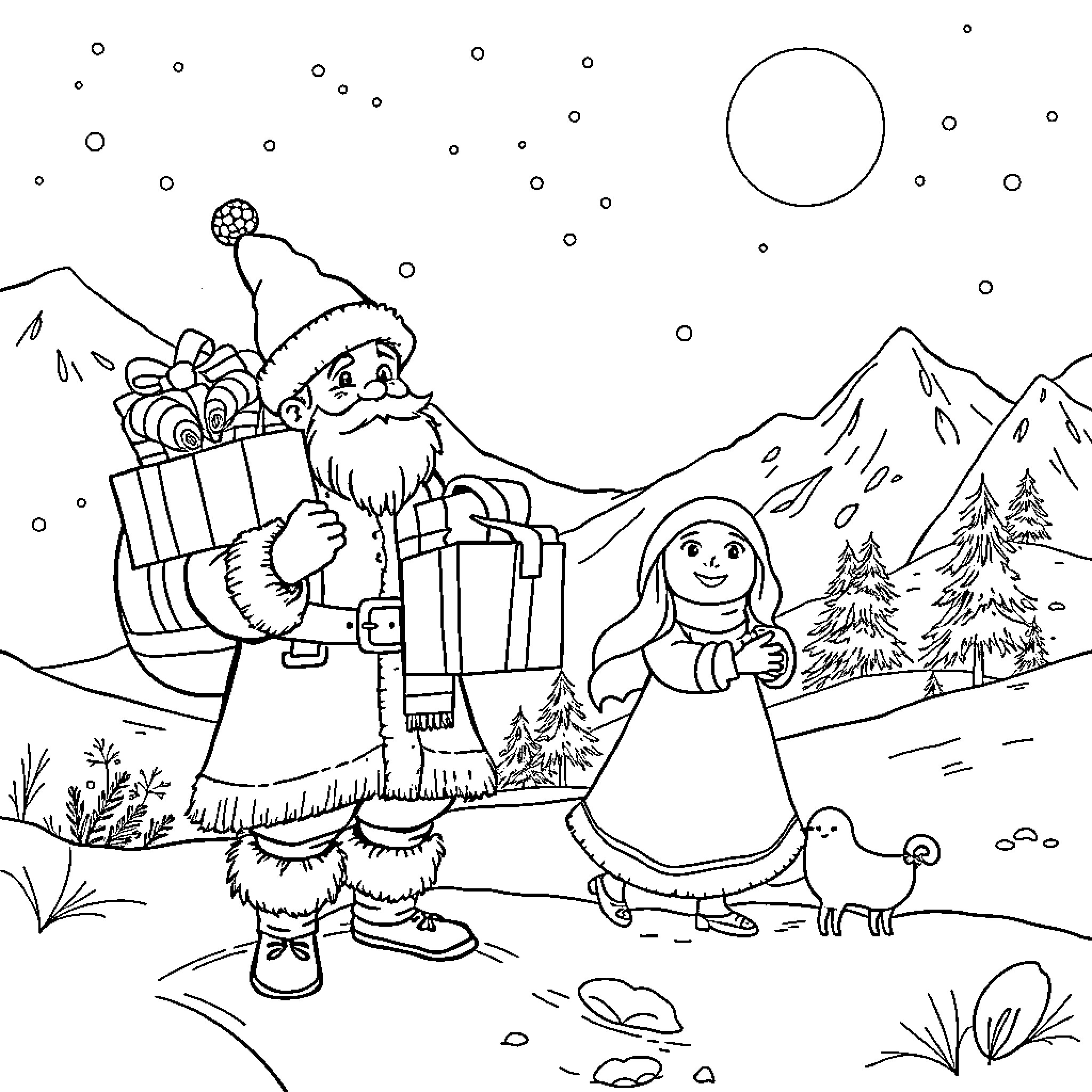 Olentzero delivering gifts in a snowy landscape Coloring Page (free black-and-white line drawing printable PDF for all, from beginners to advanced learners, including children, teens, adults, and seniors)