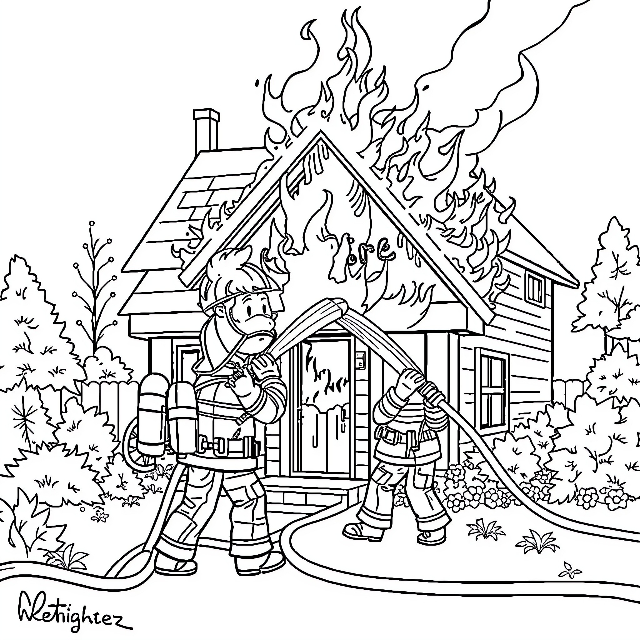 Firefighters battling a blaze at a burning building Coloring Page (free black-and-white line drawing printable PDF for all, from beginners to advanced learners, including children, teens, adults, and seniors)