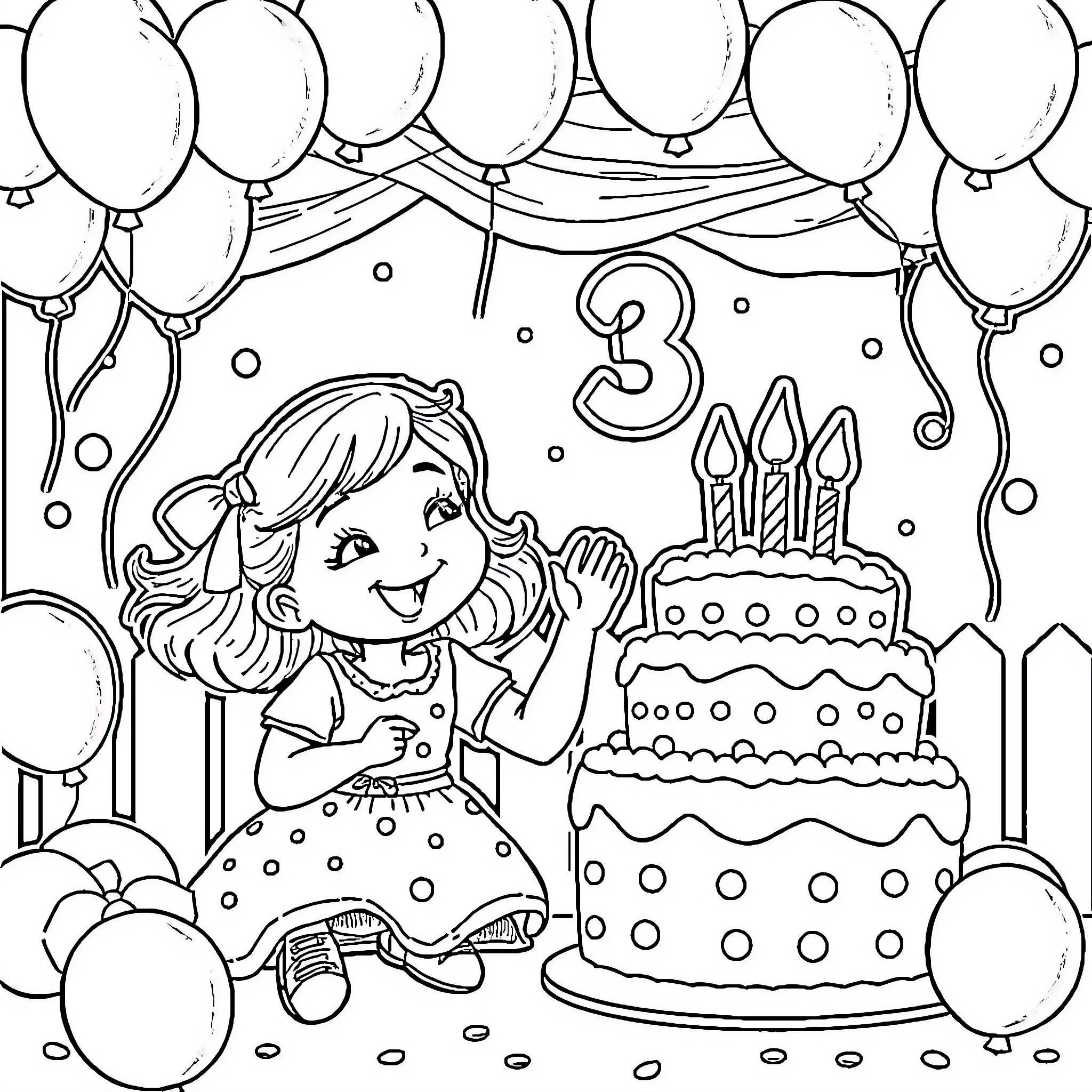 Ruby June's Joyful Birthday Celebration Coloring Page (free black-and-white line drawing printable PDF for all, from beginners to advanced learners, including children, teens, adults, and seniors)