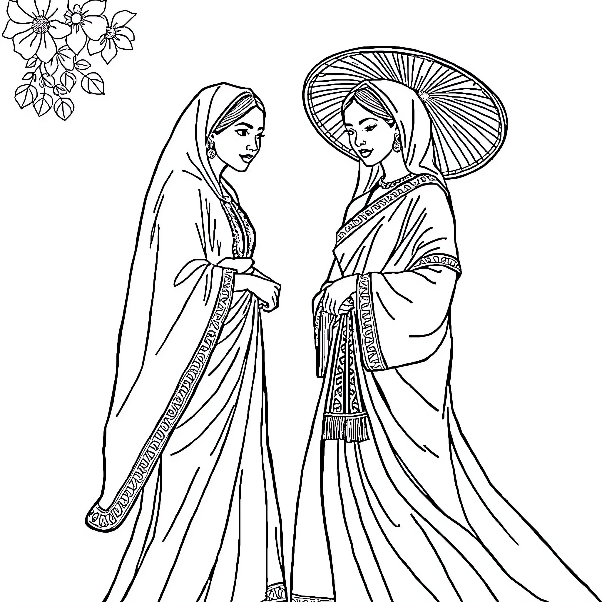 Malay Clothing: Women in Traditional Attire Coloring Page (free black-and-white line drawing printable PDF for all, from beginners to advanced learners, including children, teens, adults, and seniors)