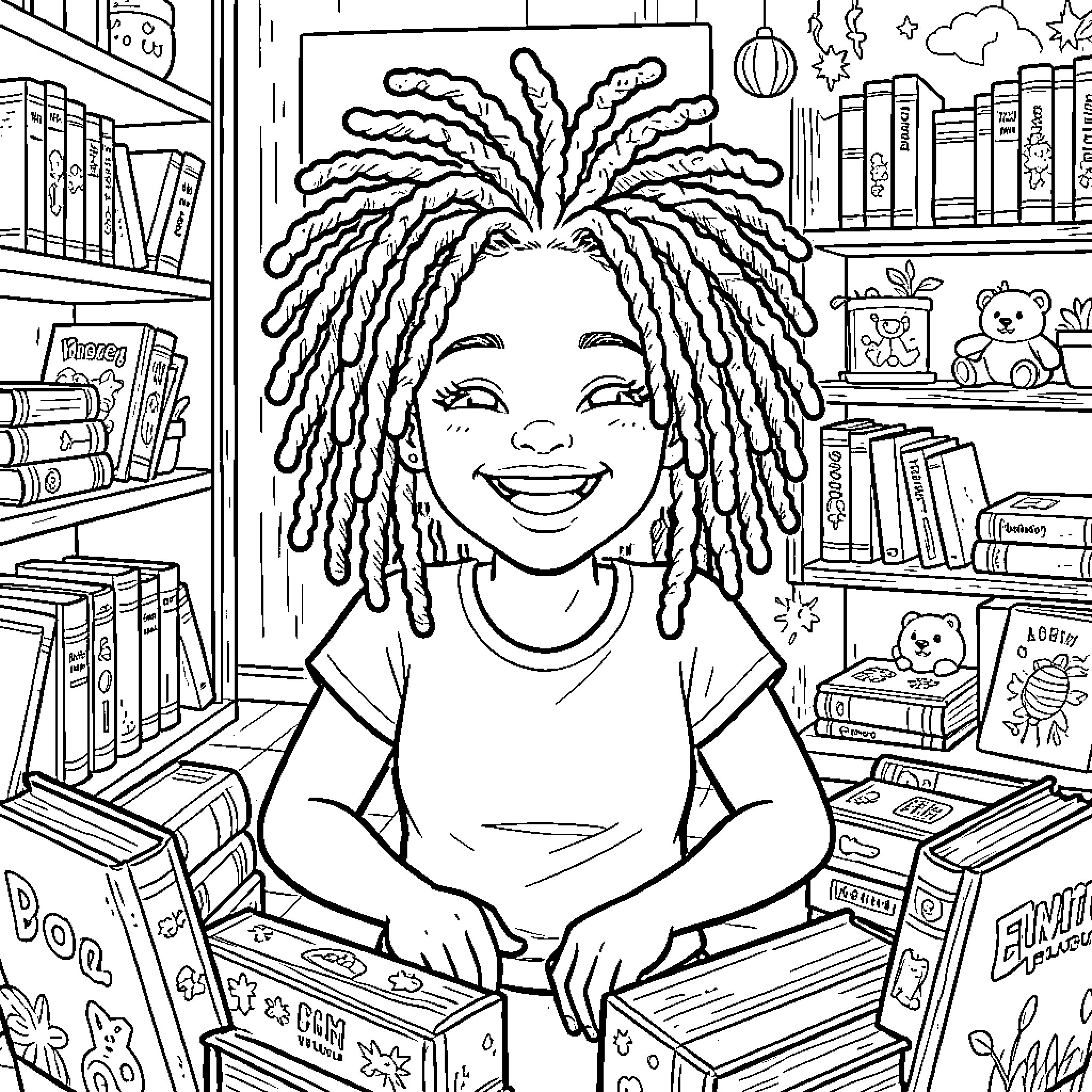 Girl reading books happily in cozy library Coloring Page (free black-and-white line drawing printable PDF for all, from beginners to advanced learners, including children, teens, adults, and seniors)