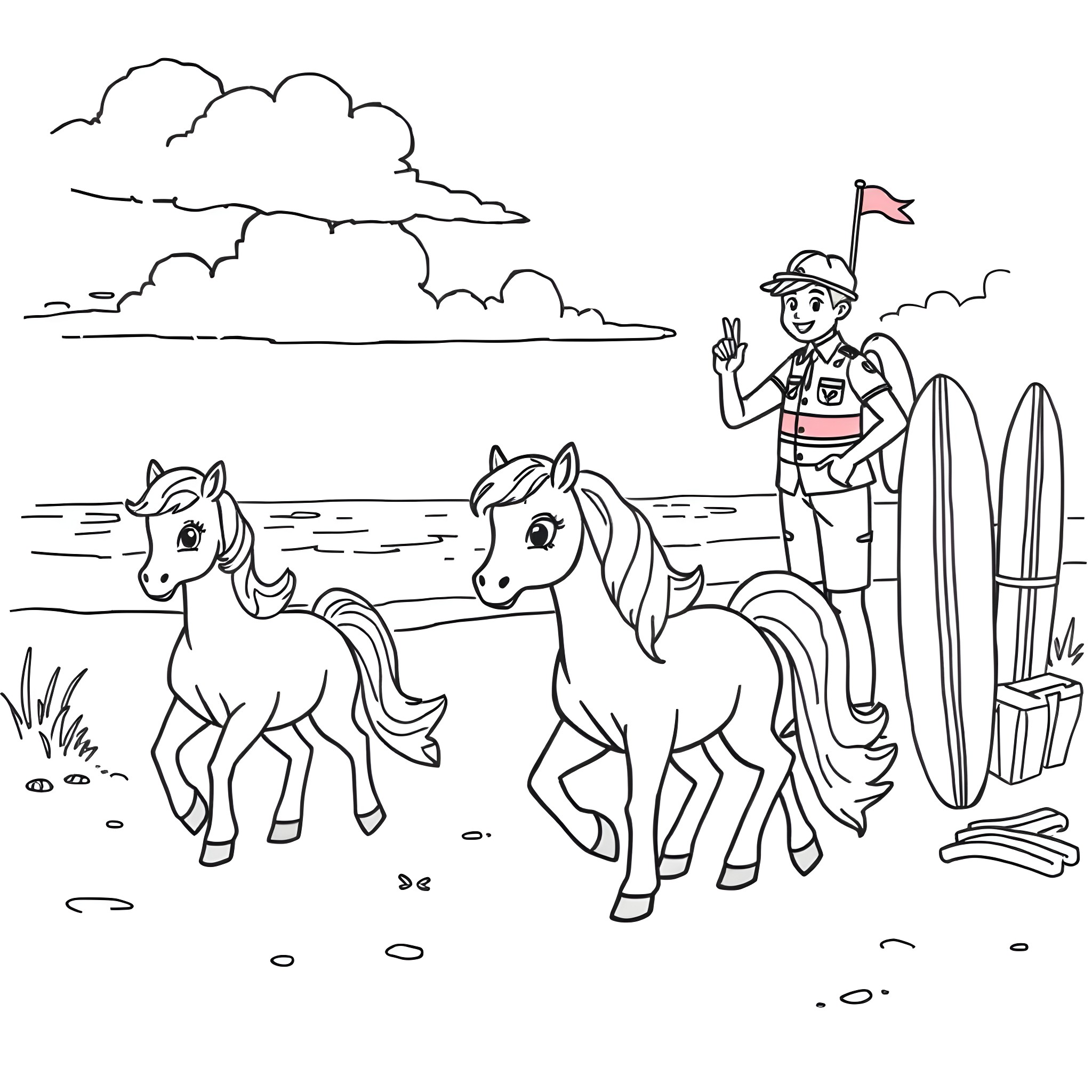 Pony Pals Enjoying the Seaside Adventure Coloring Page (free black-and-white line drawing printable PDF for all, from beginners to advanced learners, including children, teens, adults, and seniors)
