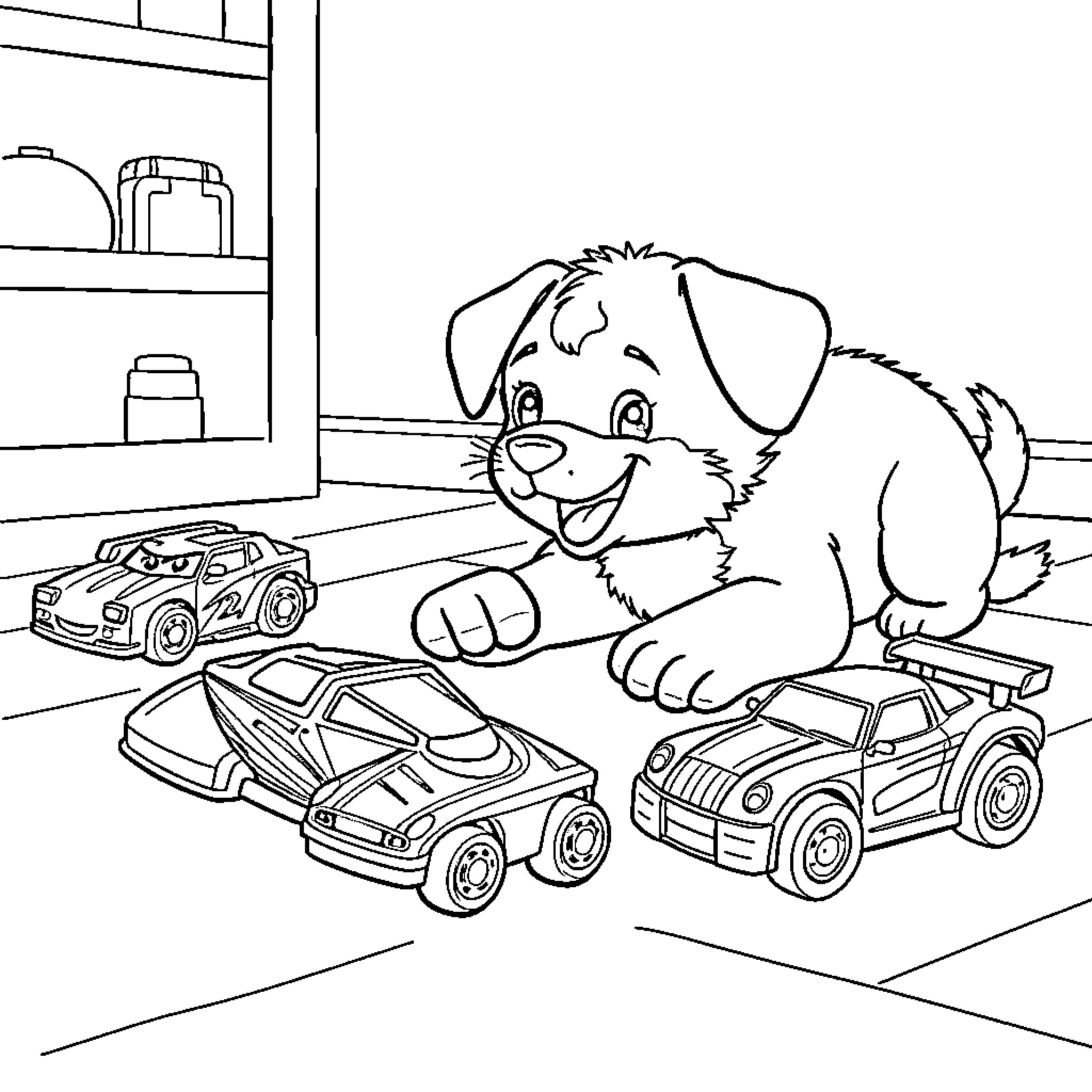 Bluey playing happily with toy cars in the room Coloring Page (free black-and-white line drawing printable PDF for all, from beginners to advanced learners, including children, teens, adults, and seniors)
