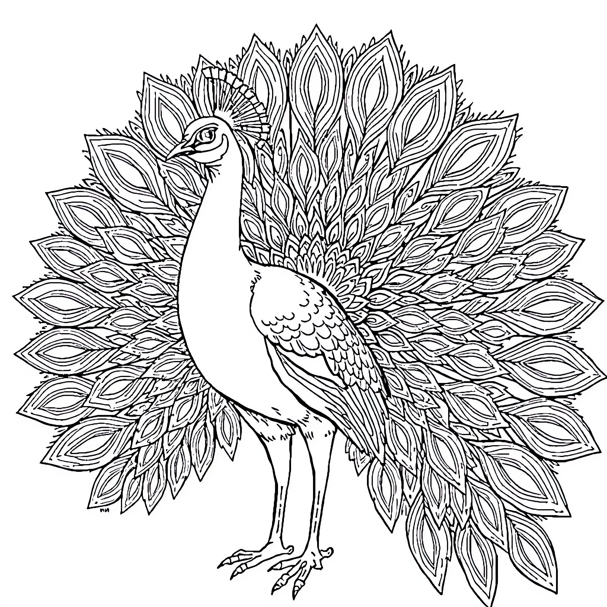 Peacock with intricate feather display Coloring Page (free black-and-white line drawing printable PDF for all, from beginners to advanced learners, including children, teens, adults, and seniors)
