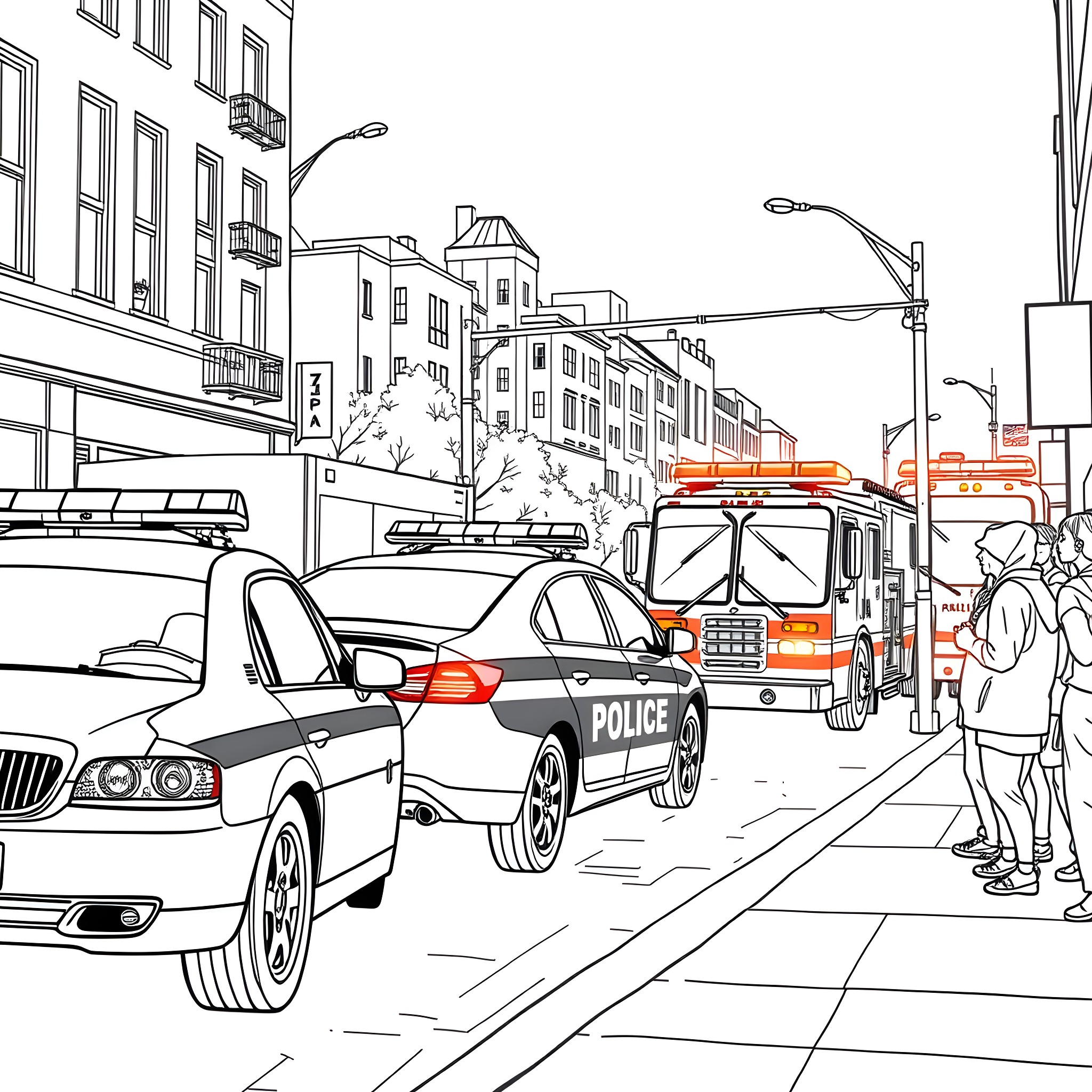 Emergency Vehicle Responding to an Incident on City Street Coloring Page (free black-and-white line drawing printable PDF for all, from beginners to advanced learners, including children, teens, adults, and seniors)
