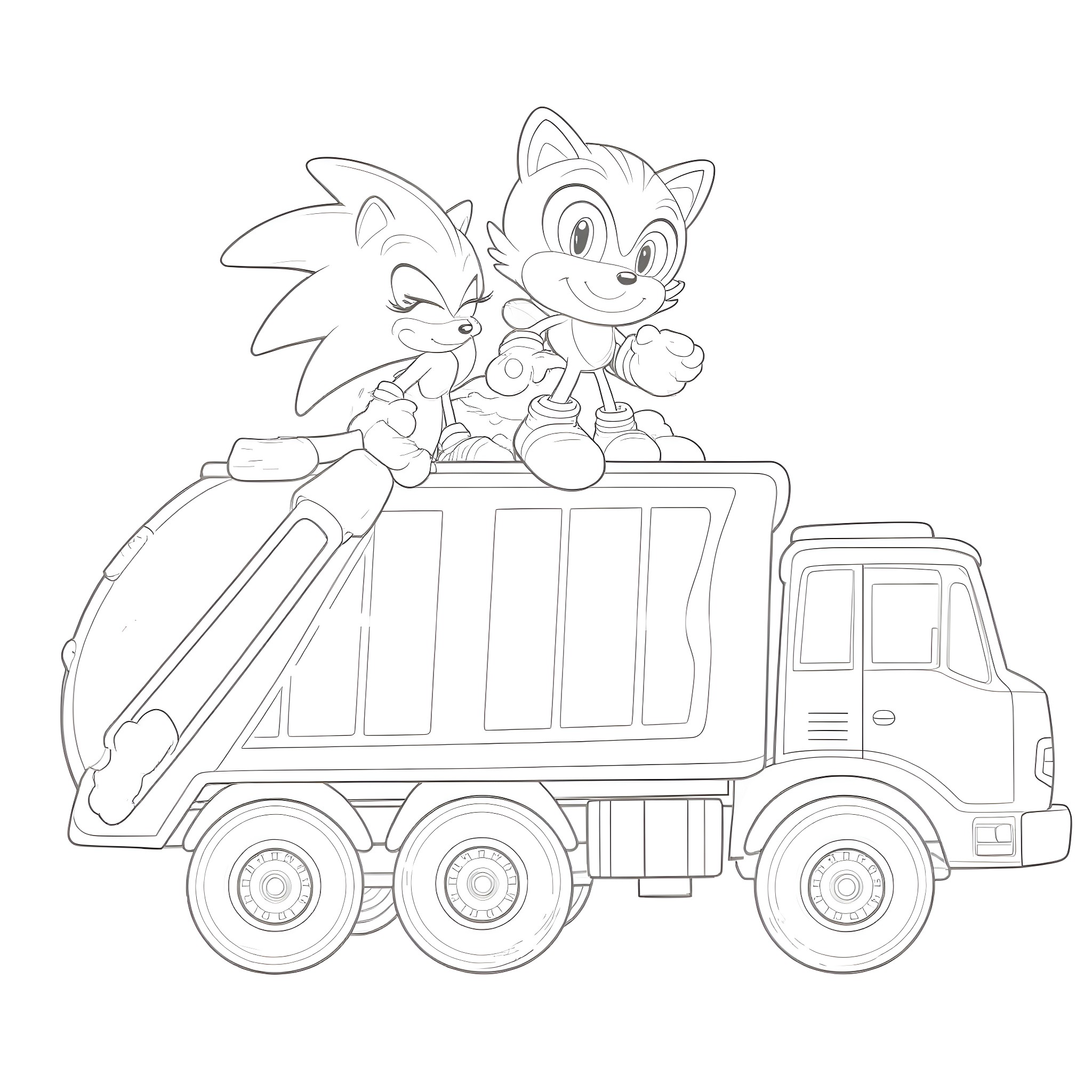 Sonic riding a dump truck happily Coloring Page (free black-and-white line drawing printable PDF for all, from beginners to advanced learners, including children, teens, adults, and seniors)