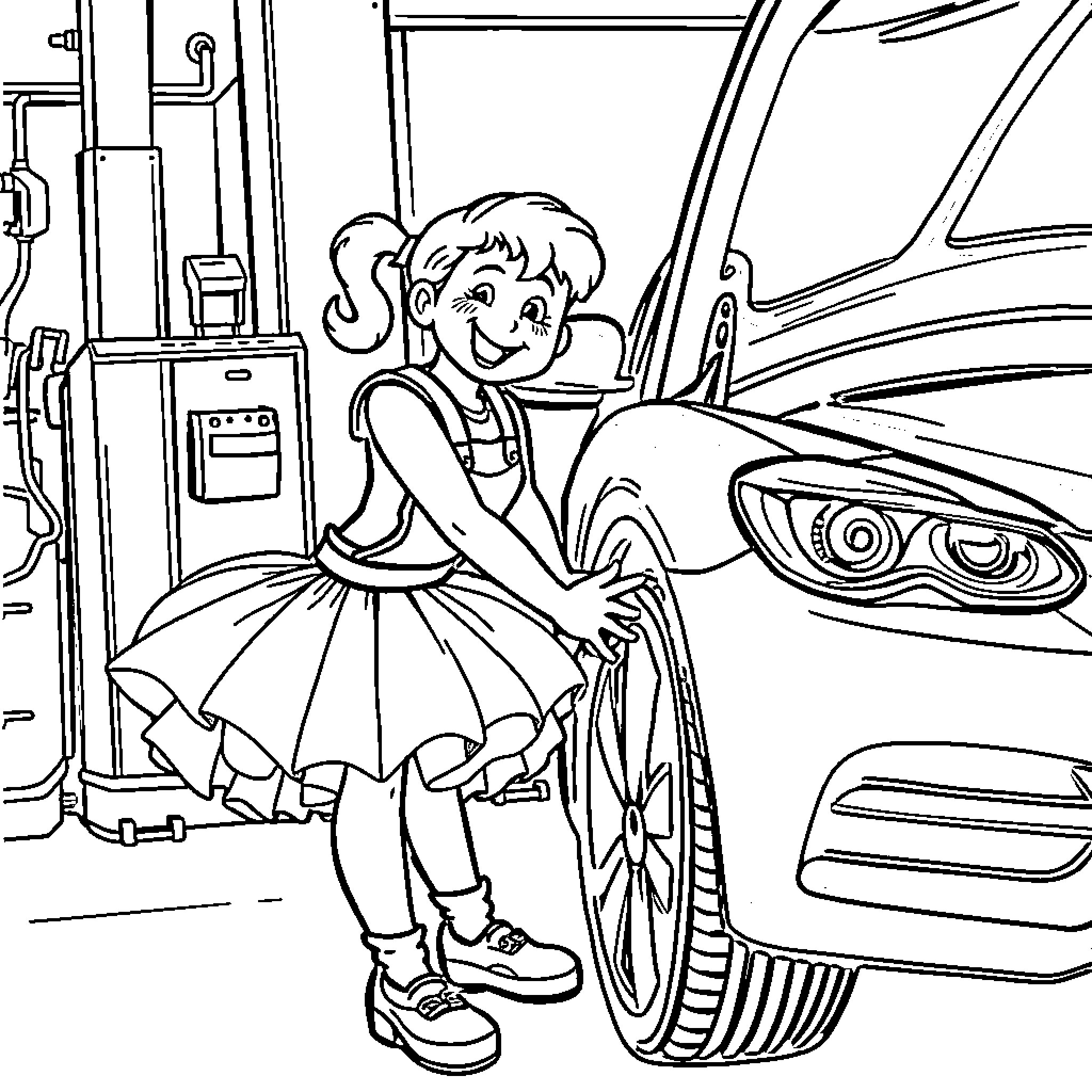Mechanic Girl Inspecting Car Coloring Page (free black-and-white line drawing printable PDF for all, from beginners to advanced learners, including children, teens, adults, and seniors)