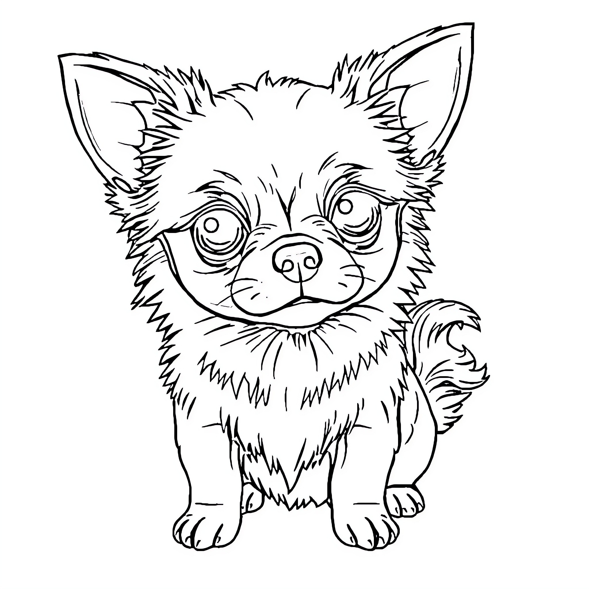 Dog sitting excitedly with large eyes Coloring Page (free black-and-white line drawing printable PDF for all, from beginners to advanced learners, including children, teens, adults, and seniors)