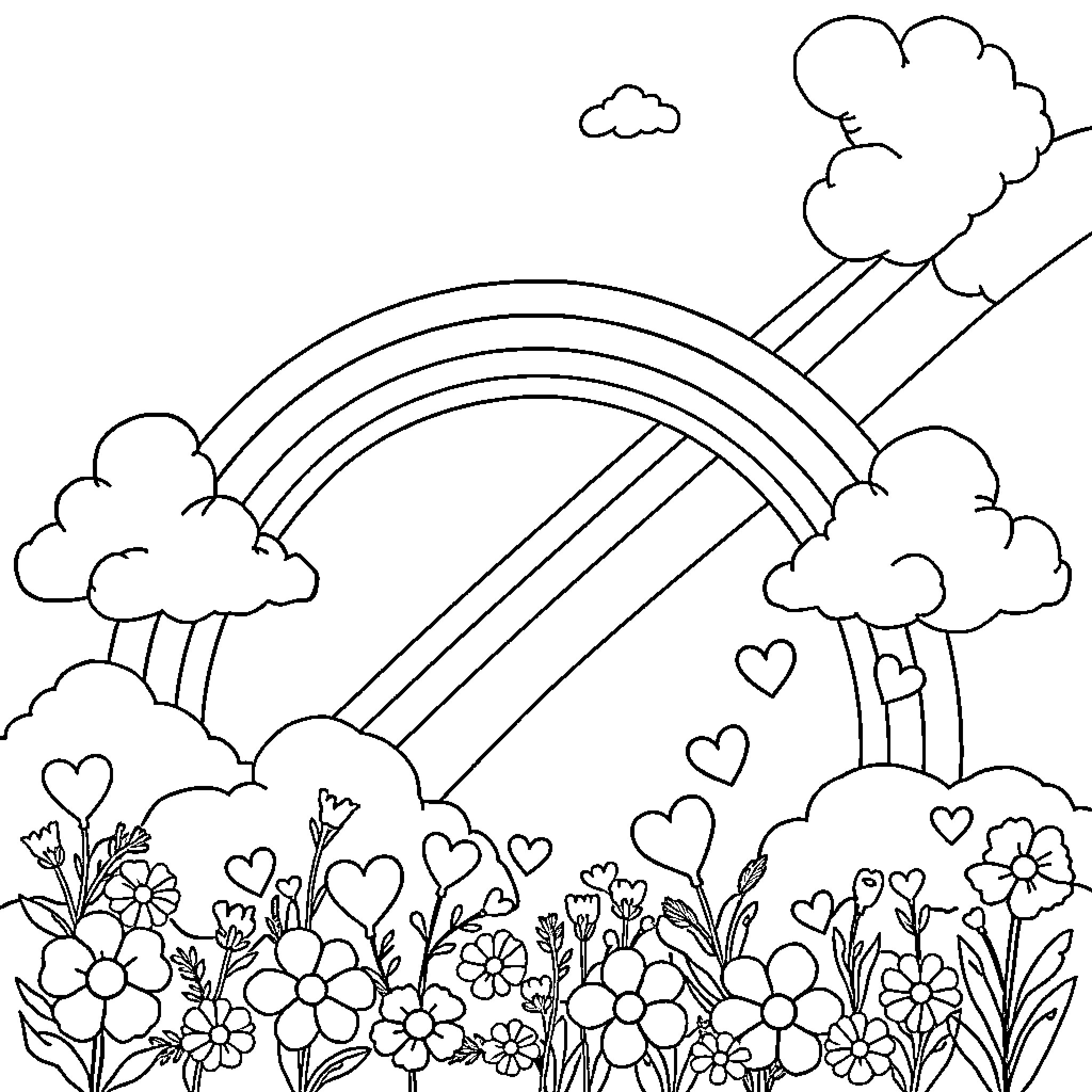 Rainbow flowers and hearts in dreamy landscape Coloring Page (free black-and-white line drawing printable PDF for all, from beginners to advanced learners, including children, teens, adults, and seniors)