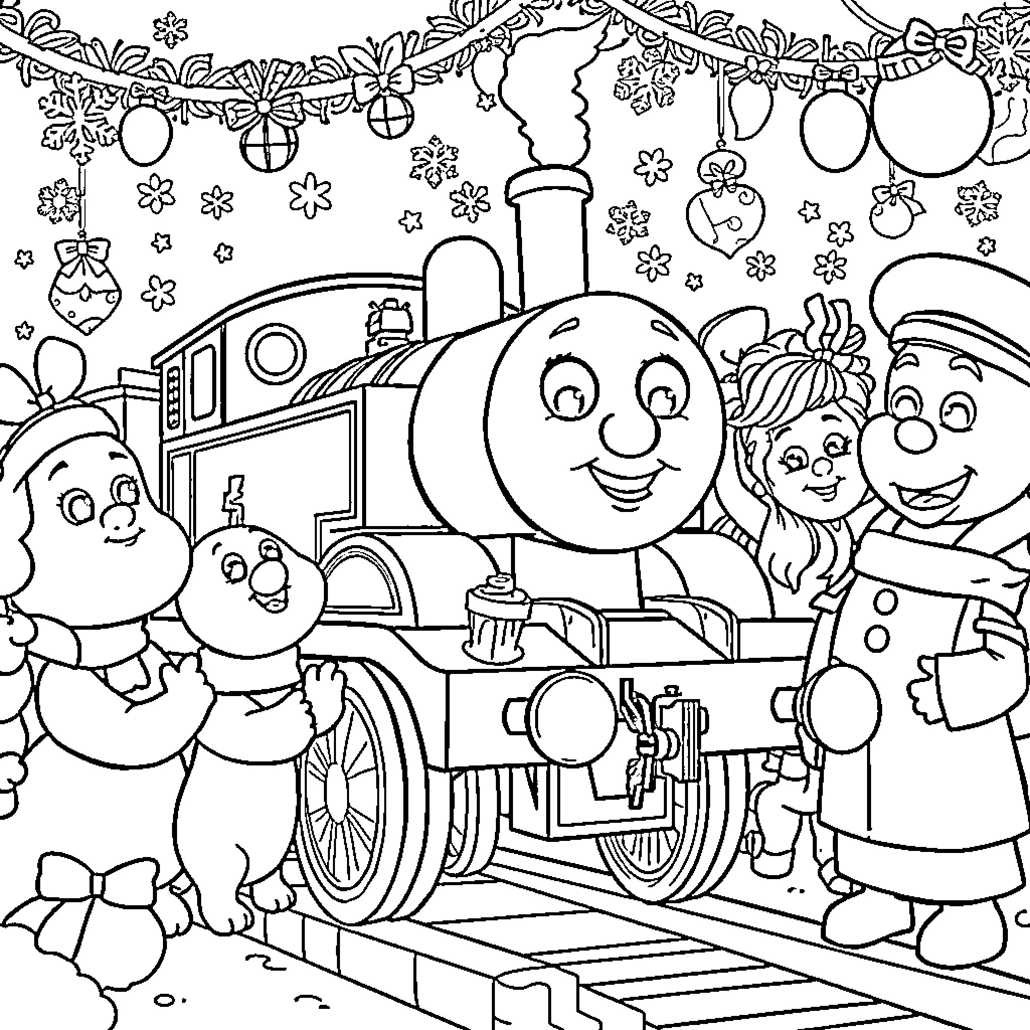 Thomas and Friends Celebrate Festive Cheer Coloring Page (free black-and-white line drawing printable PDF for all, from beginners to advanced learners, including children, teens, adults, and seniors)