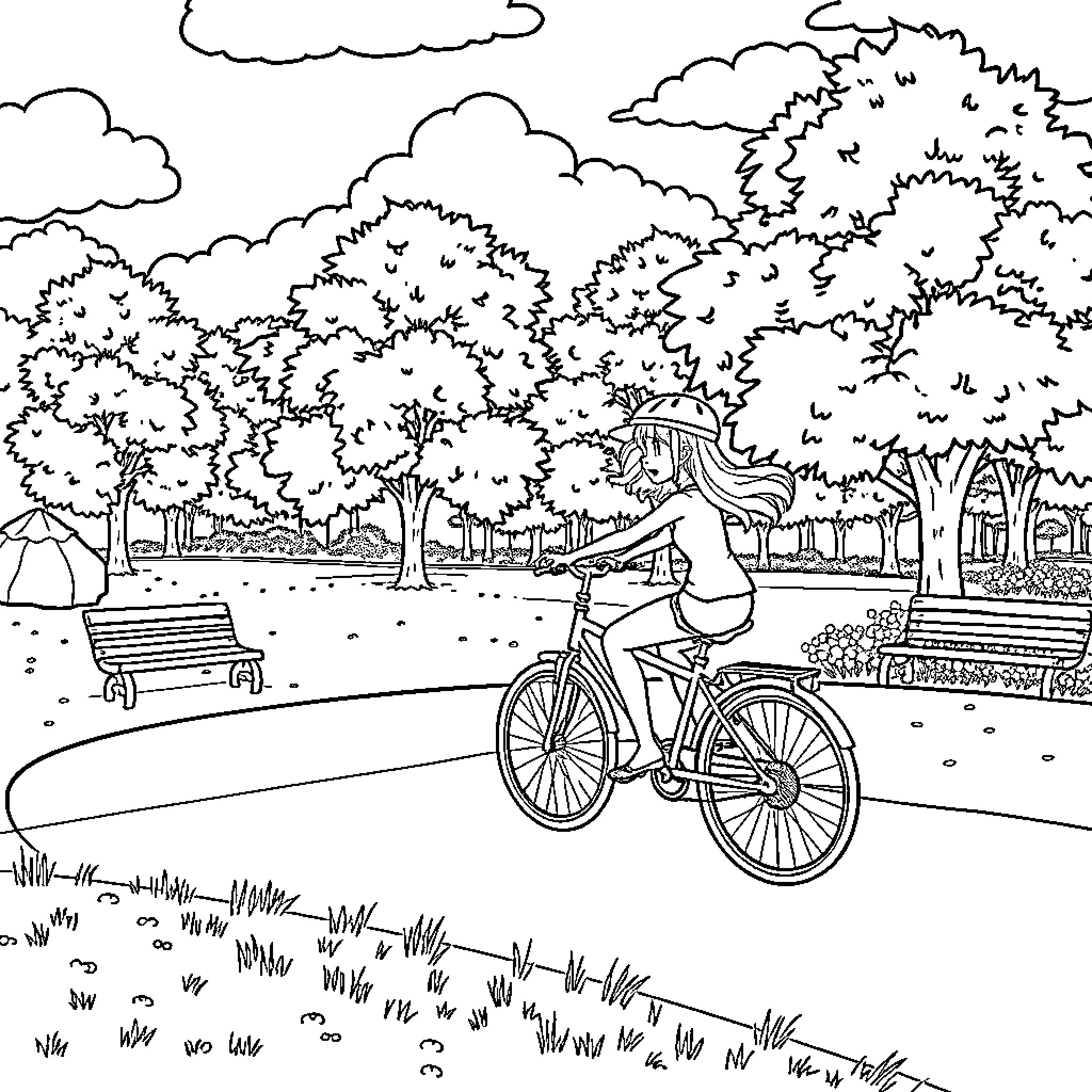 Bluey riding a bike in the park Coloring Page (free black-and-white line drawing printable PDF for all, from beginners to advanced learners, including children, teens, adults, and seniors)