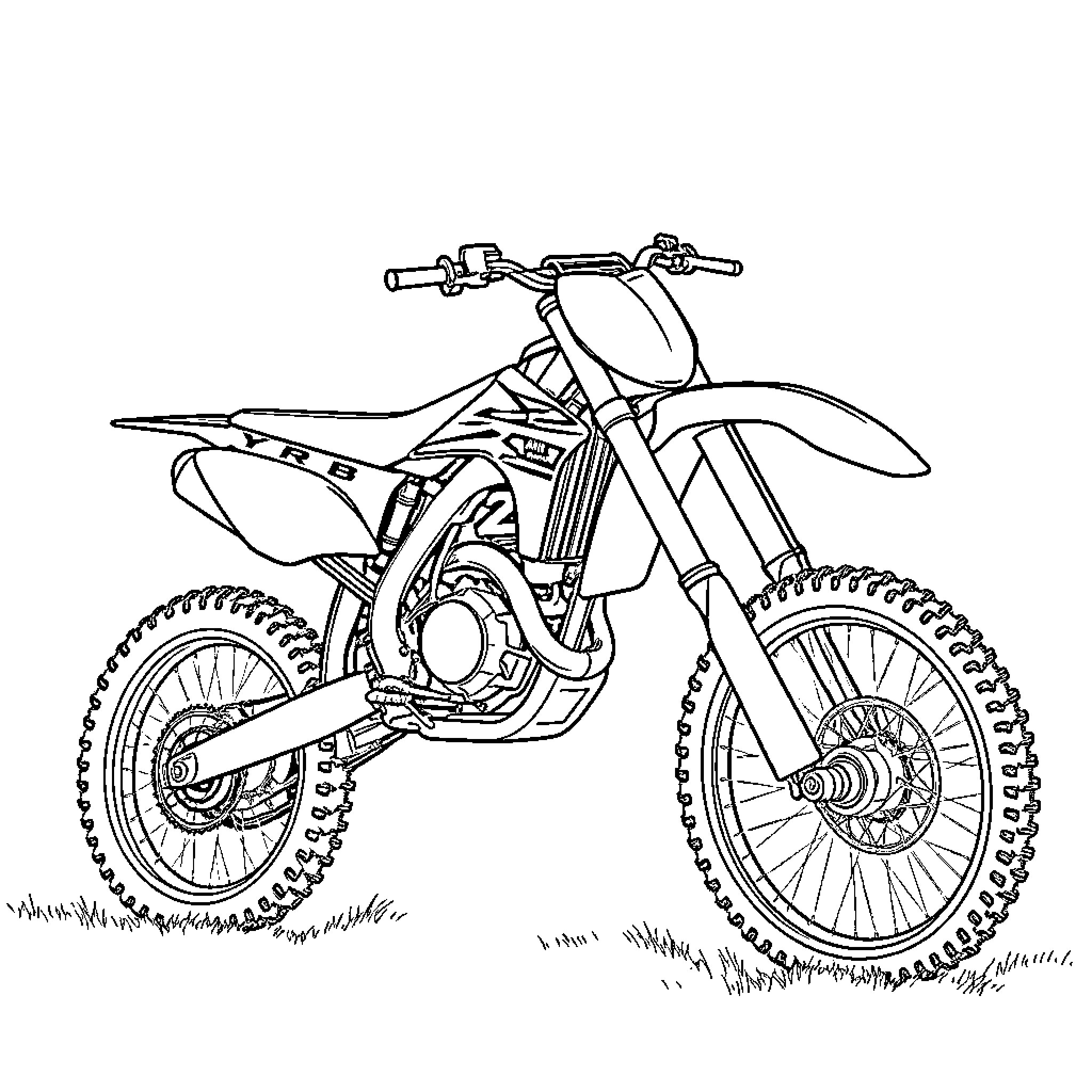 Yamaha dirt bike in action on rugged terrain Coloring Page (free black-and-white line drawing printable PDF for all, from beginners to advanced learners, including children, teens, adults, and seniors)