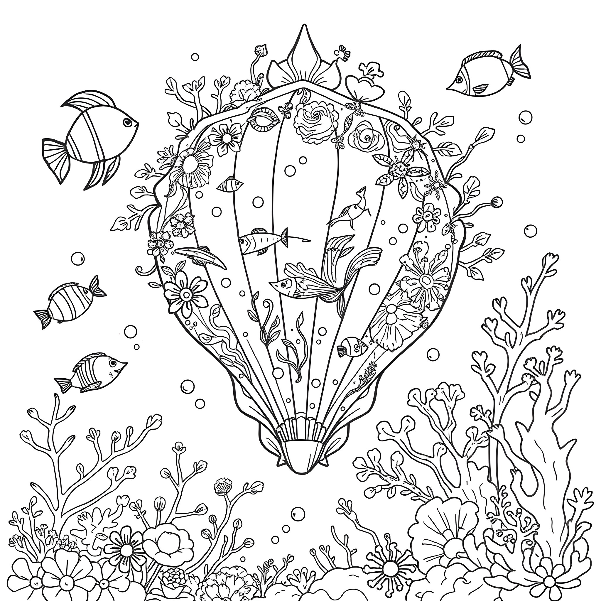 Seashell with vibrant marine life Coloring Page (free black-and-white line drawing printable PDF for all, from beginners to advanced learners, including children, teens, adults, and seniors)