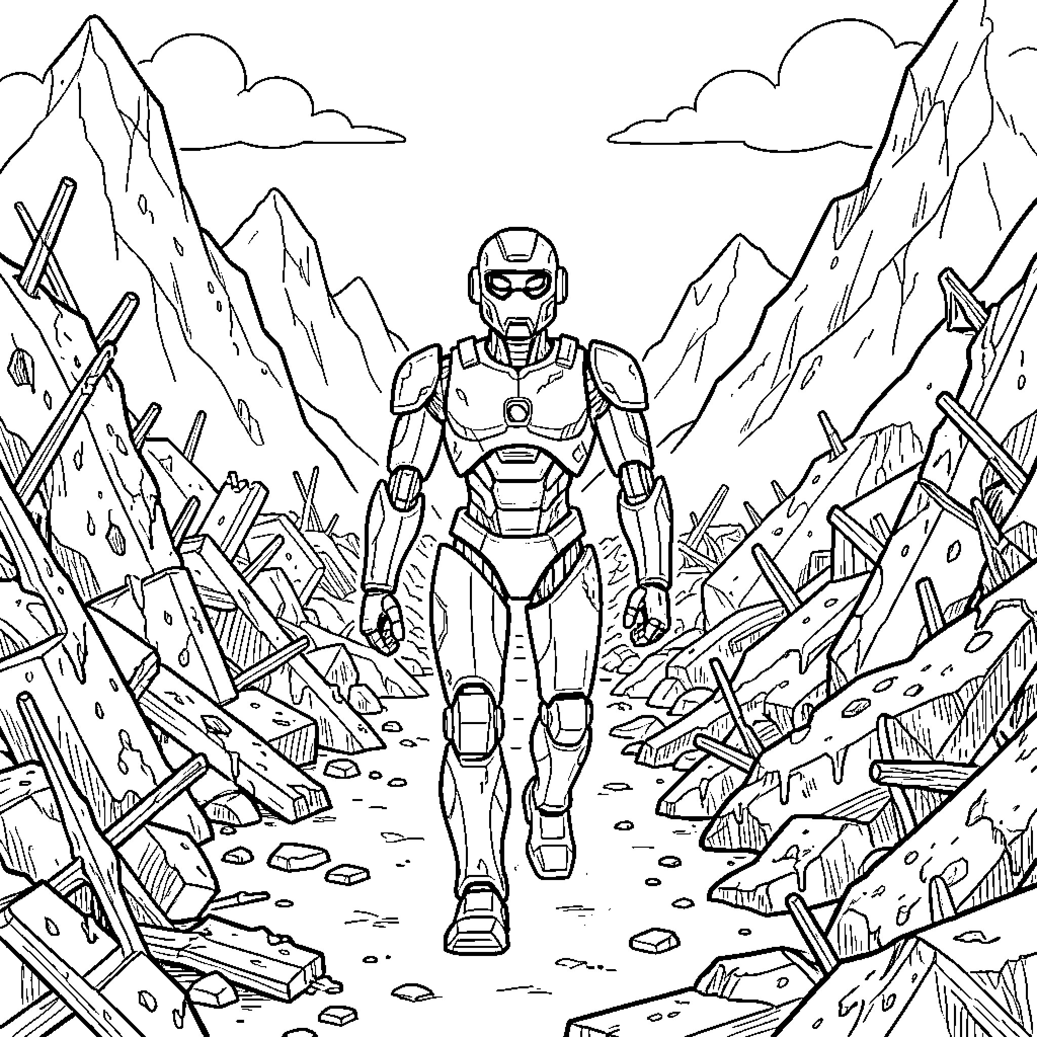 Robot Exploring Rugged Alien Terrain Coloring Page (free black-and-white line drawing printable PDF for all, from beginners to advanced learners, including children, teens, adults, and seniors)