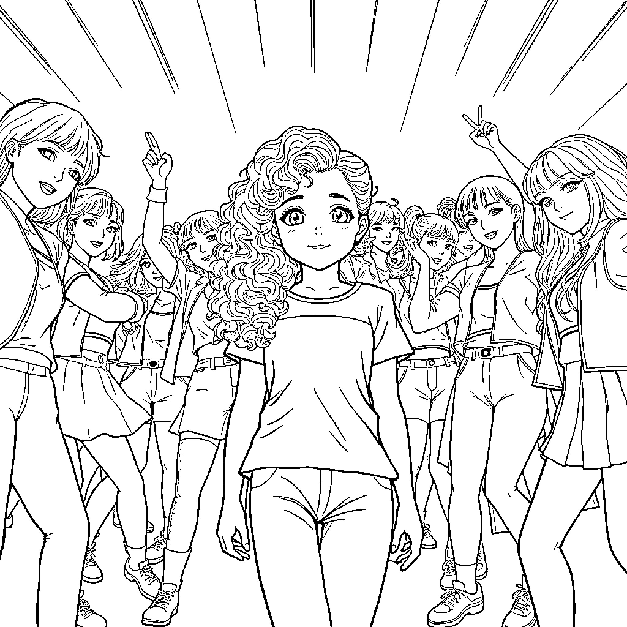 Kpop girl group performing and posing for fans Coloring Page (free black-and-white line drawing printable PDF for all, from beginners to advanced learners, including children, teens, adults, and seniors)