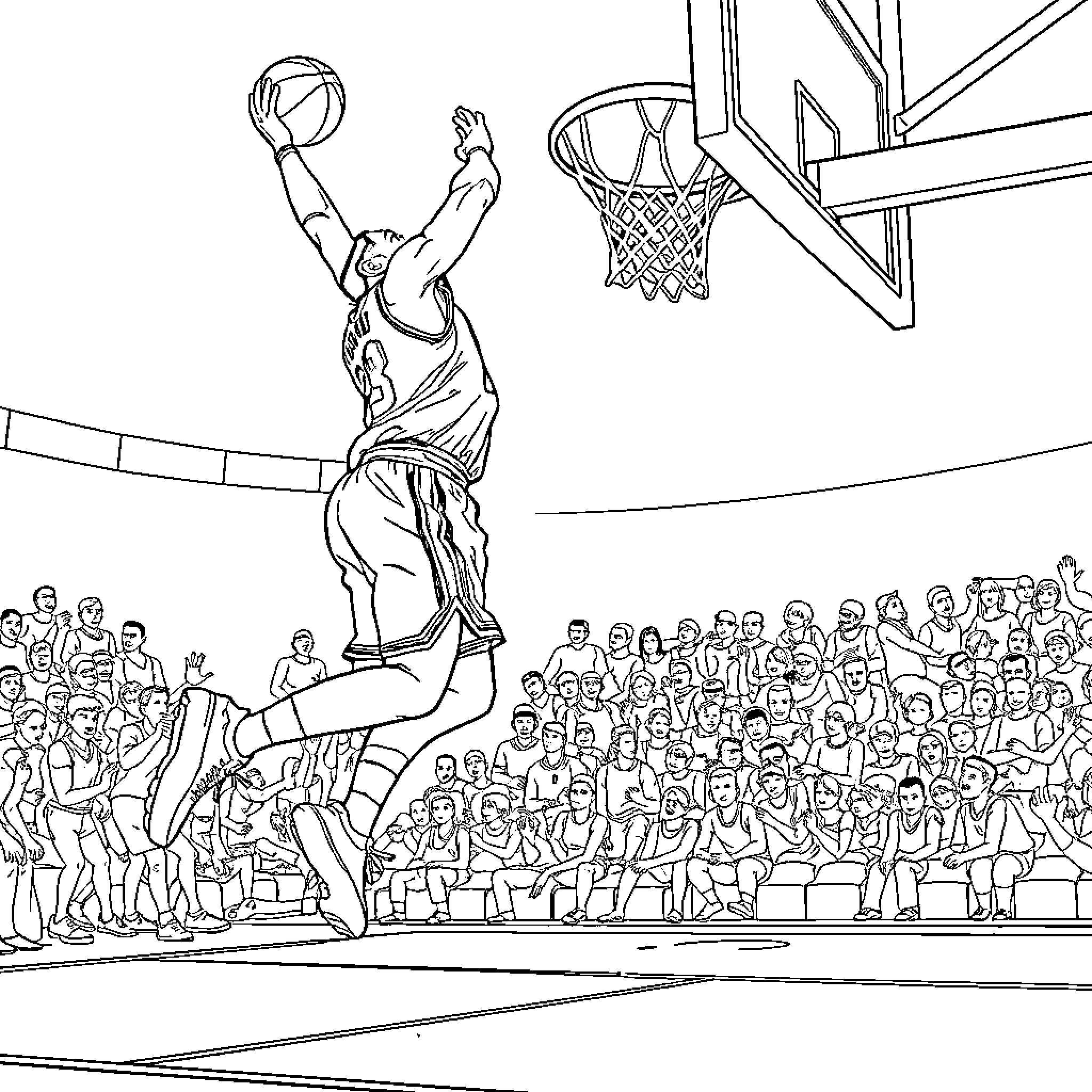 LeBron James Slam Dunking Basketball at Indoor Arena Coloring Page (free black-and-white line drawing printable PDF for all, from beginners to advanced learners, including children, teens, adults, and seniors)