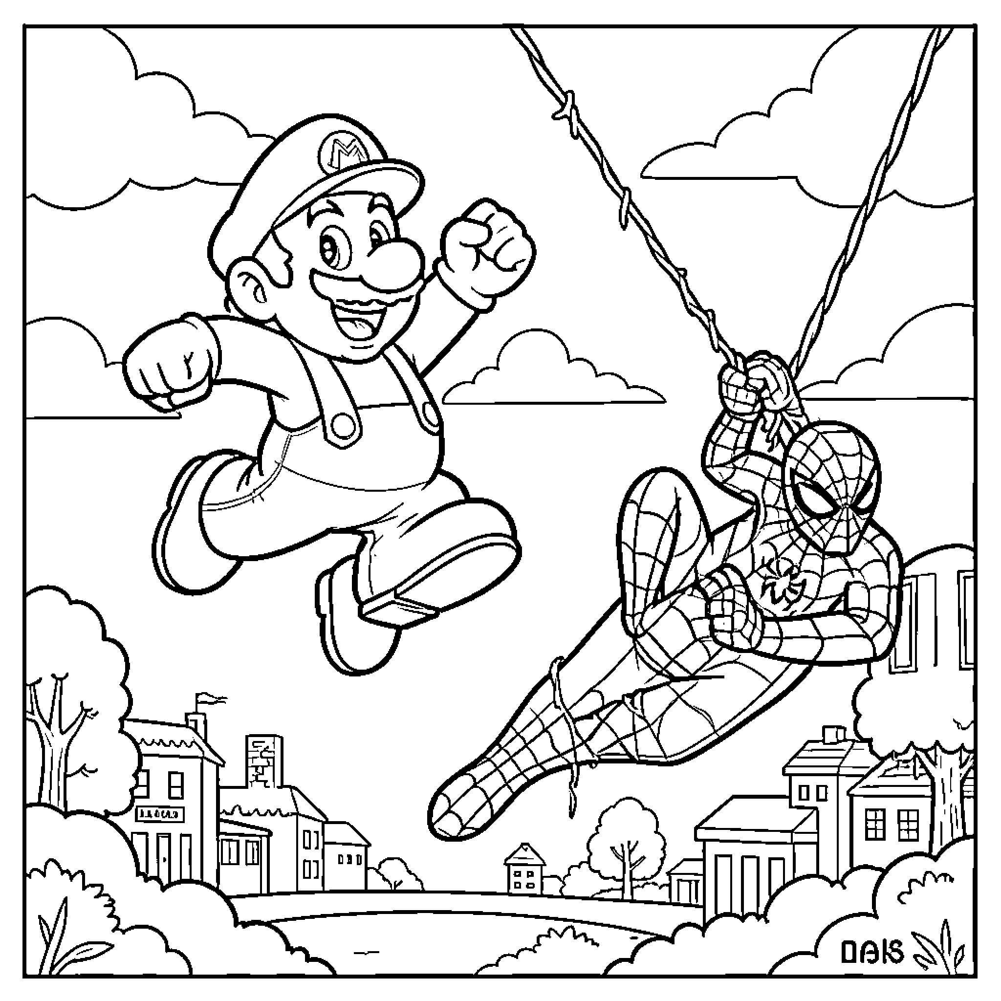 Super Mario Assists Spiderman in Heroic Leap Coloring Page (free black-and-white line drawing printable PDF for all, from beginners to advanced learners, including children, teens, adults, and seniors)