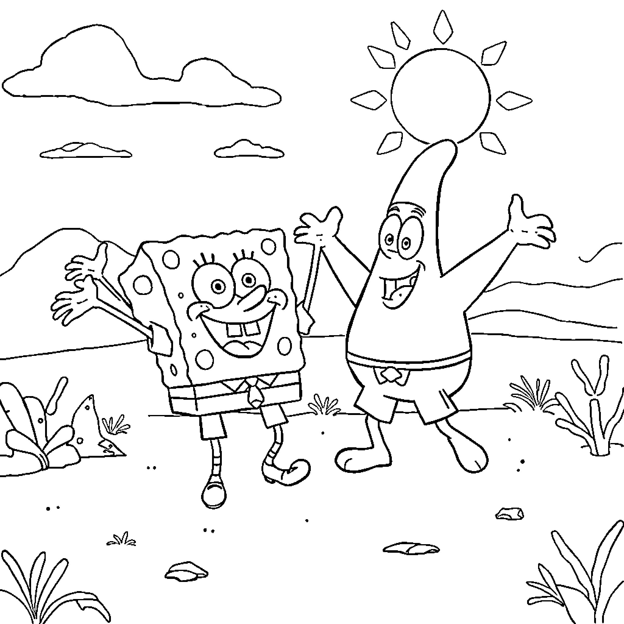 Spongebob and Patrick enjoying the sunny outdoors Coloring Page (free black-and-white line drawing printable PDF for all, from beginners to advanced learners, including children, teens, adults, and seniors)