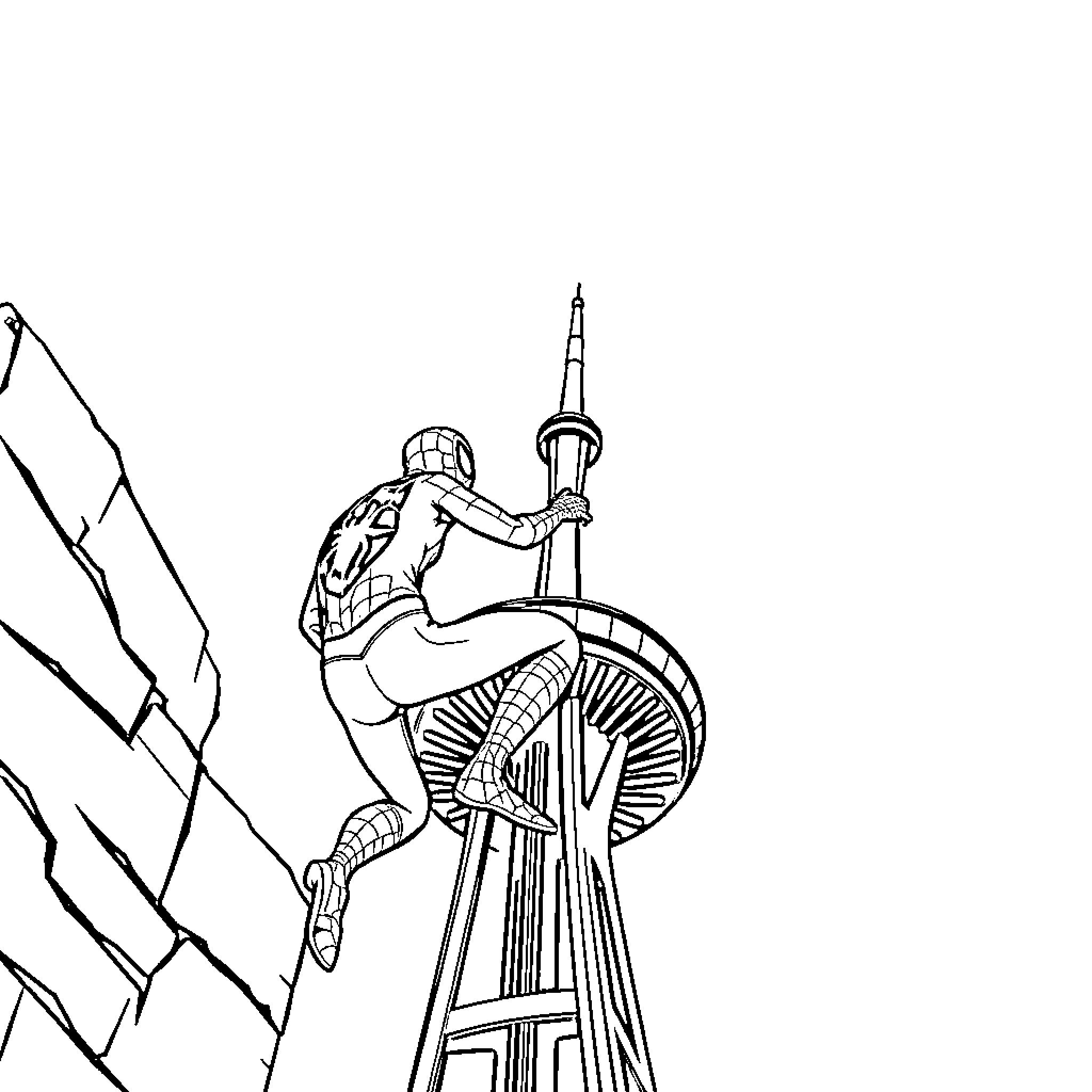 Spider-Man scaling a futuristic skyscraper Coloring Page (free black-and-white line drawing printable PDF for all, from beginners to advanced learners, including children, teens, adults, and seniors)