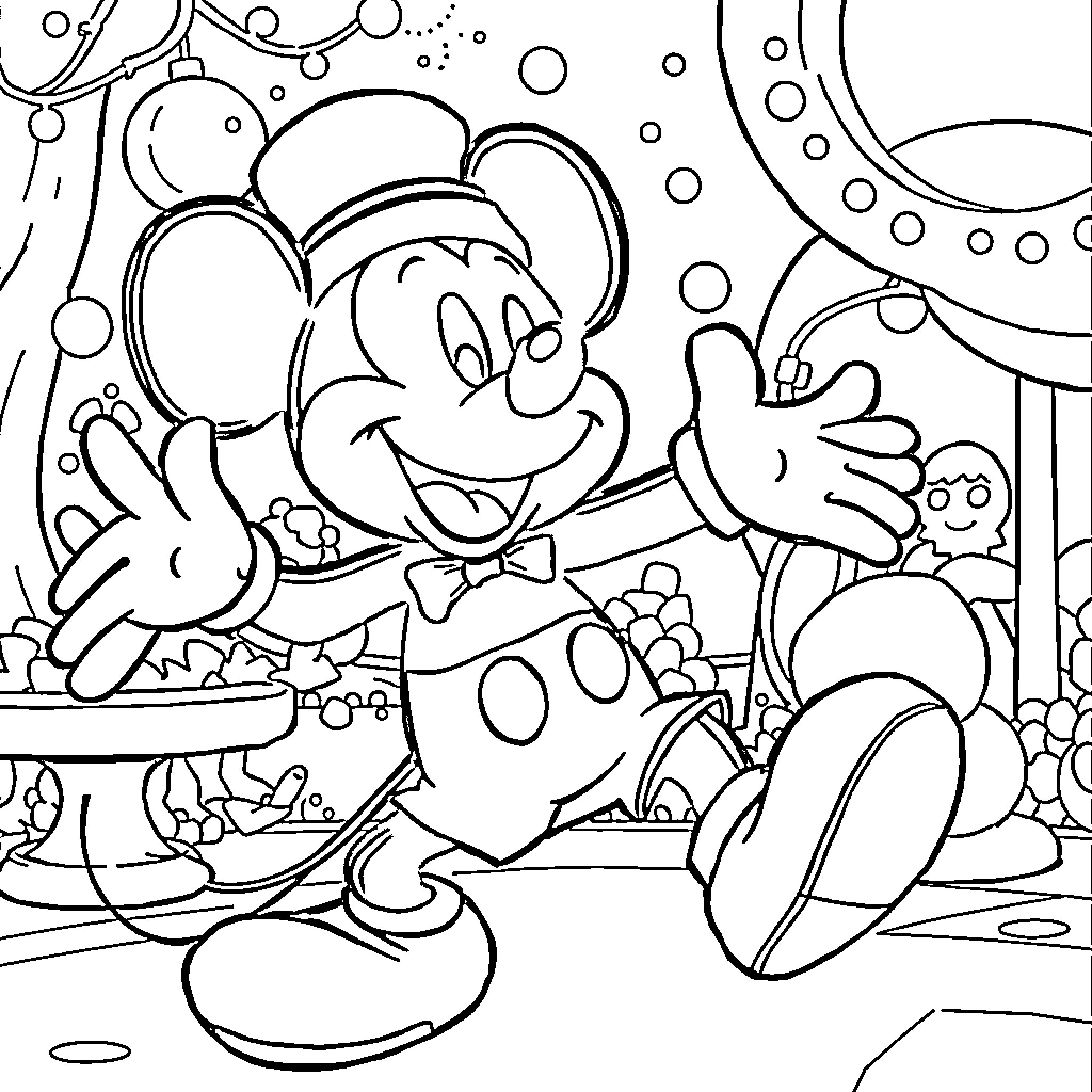 Mickey enjoying a playful celebration with friends Coloring Page (free black-and-white line drawing printable PDF for all, from beginners to advanced learners, including children, teens, adults, and seniors)