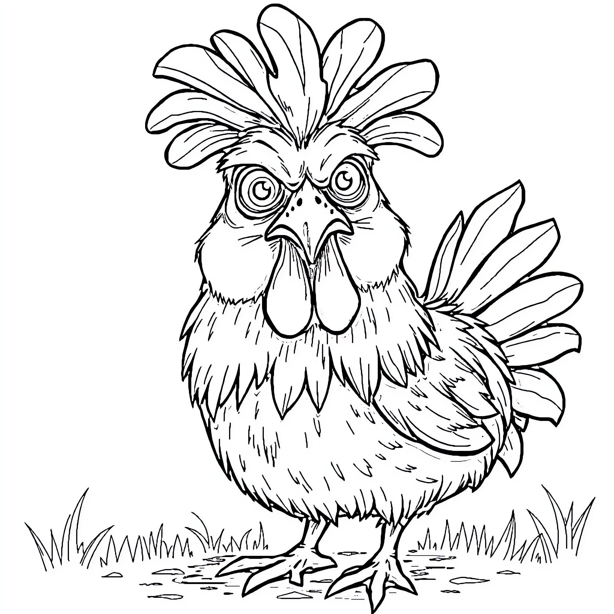 Chicken with comical expression on grassy field Coloring Page (free black-and-white line drawing printable PDF for all, from beginners to advanced learners, including children, teens, adults, and seniors)