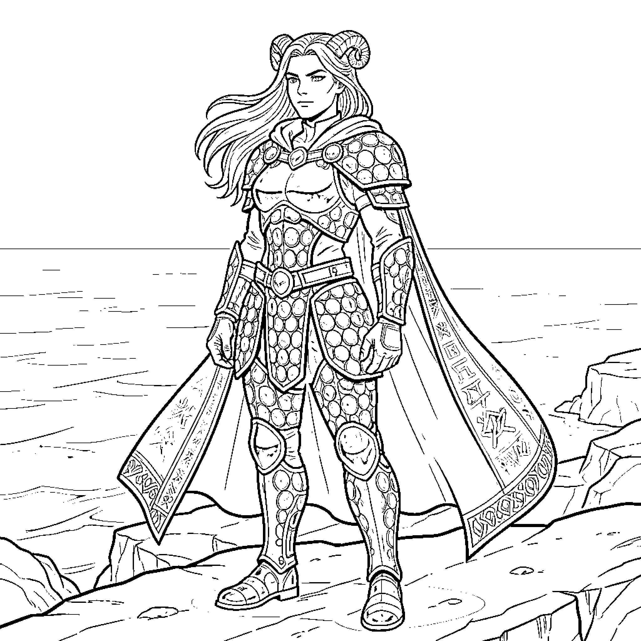 Warrior in ornate armor standing on a cliffside Coloring Page (free black-and-white line drawing printable PDF for all, from beginners to advanced learners, including children, teens, adults, and seniors)