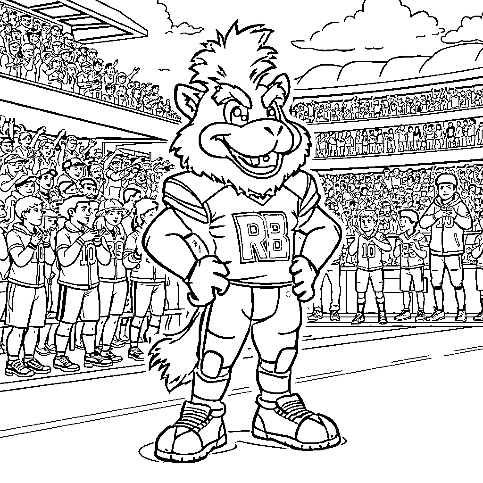 Redblacks Mascot Entertaining Enthusiastic Crowd at Stadium Coloring Page (free black-and-white line drawing printable PDF for all, from beginners to advanced learners, including children, teens, adults, and seniors)