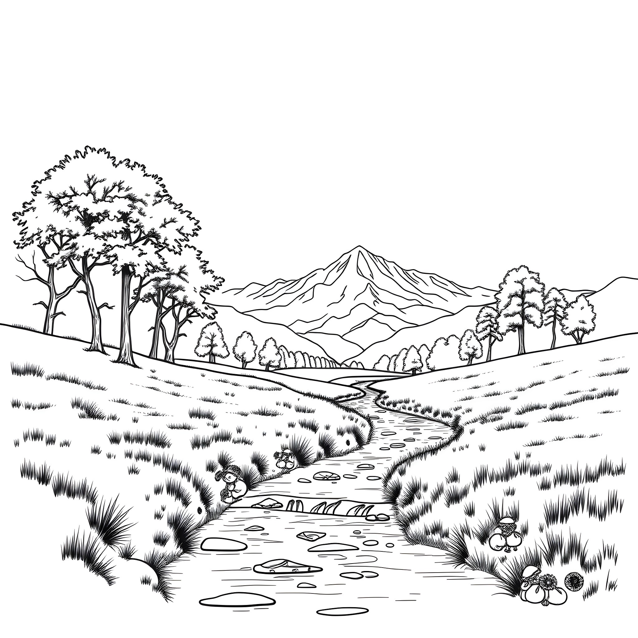 Nature's Serene Landscape with Winding River Coloring Page (free black-and-white line drawing printable PDF for all, from beginners to advanced learners, including children, teens, adults, and seniors)