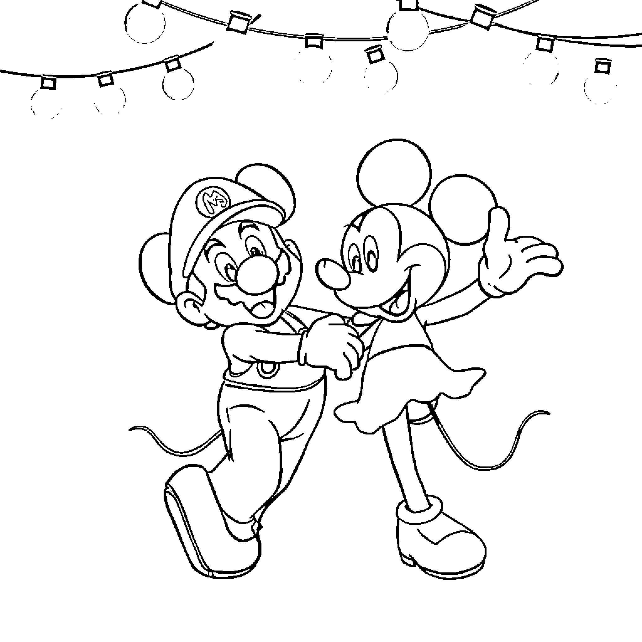 Mario and Mickey Mouse Celebrating Together Coloring Page (free black-and-white line drawing printable PDF for all, from beginners to advanced learners, including children, teens, adults, and seniors)