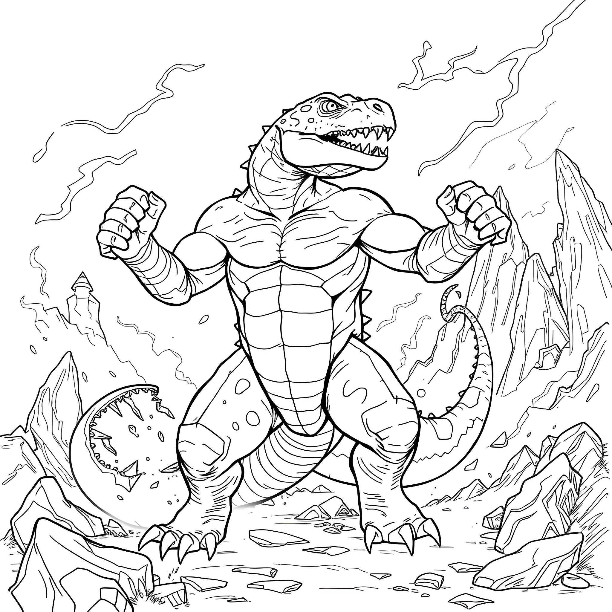 Reptile Warrior Unleashing Powerful Roar Coloring Page (free black-and-white line drawing printable PDF for all, from beginners to advanced learners, including children, teens, adults, and seniors)