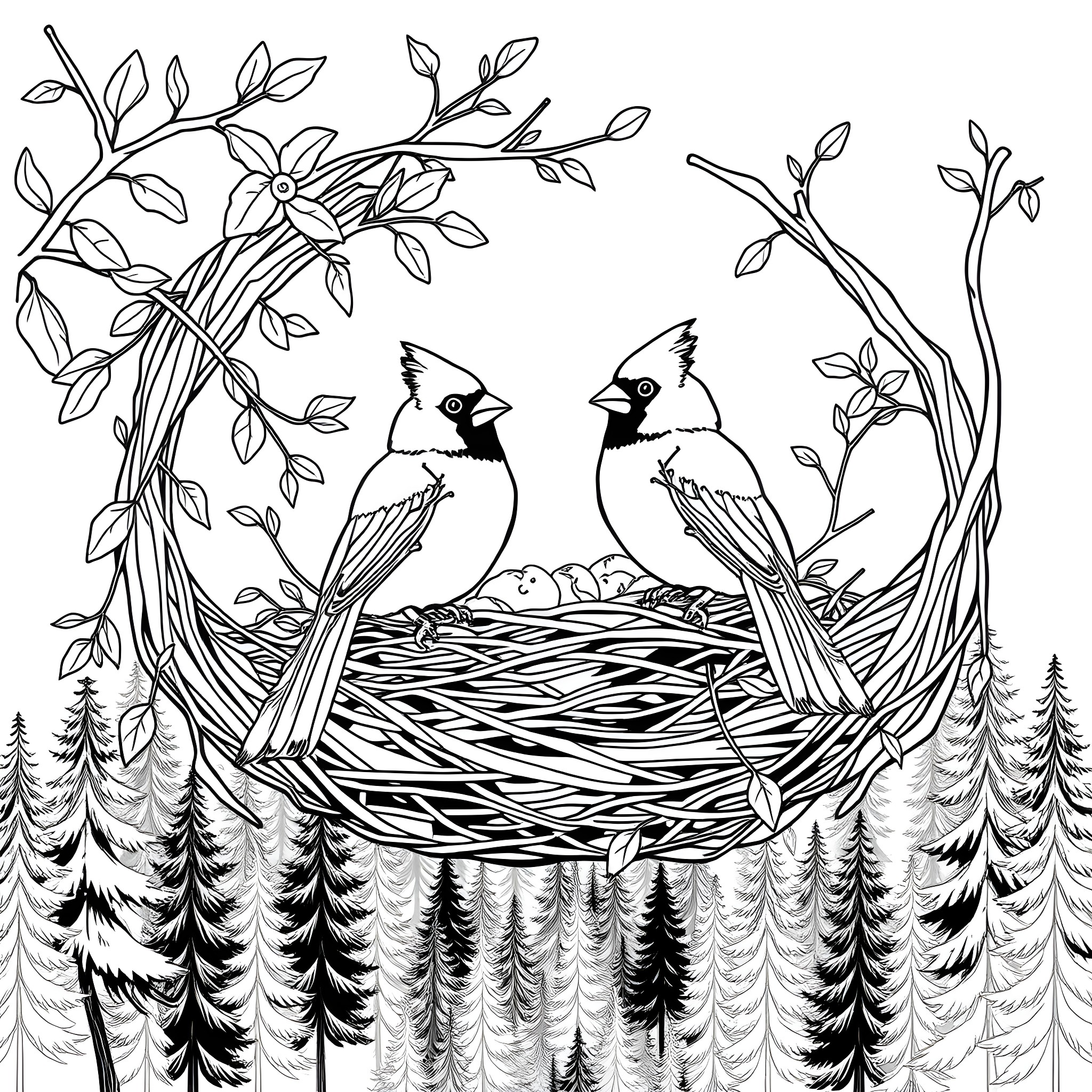 Cardinal Couple in Cozy Nest Coloring Page (free black-and-white line drawing printable PDF for all, from beginners to advanced learners, including children, teens, adults, and seniors)