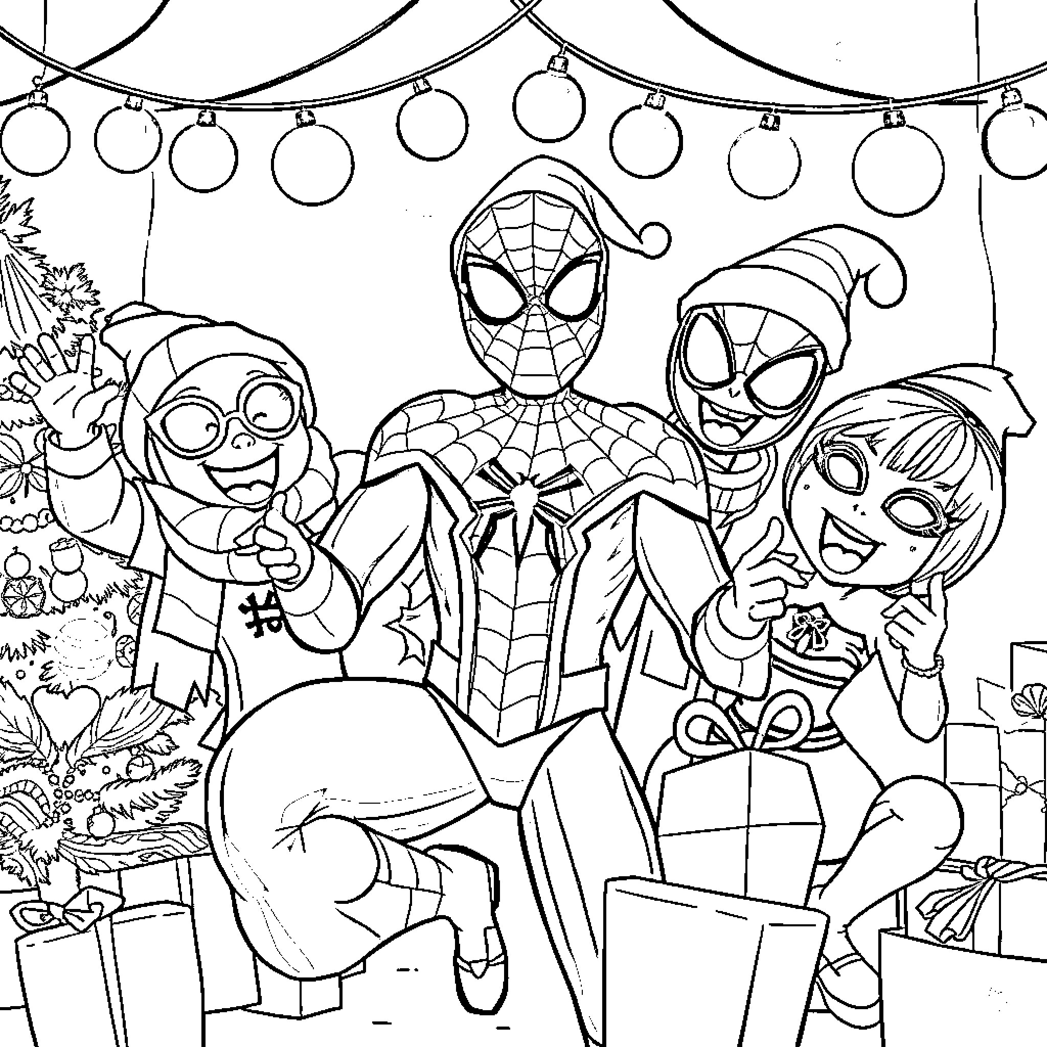 Spidey and friends celebrate the holidays Coloring Page (free black-and-white line drawing printable PDF for all, from beginners to advanced learners, including children, teens, adults, and seniors)