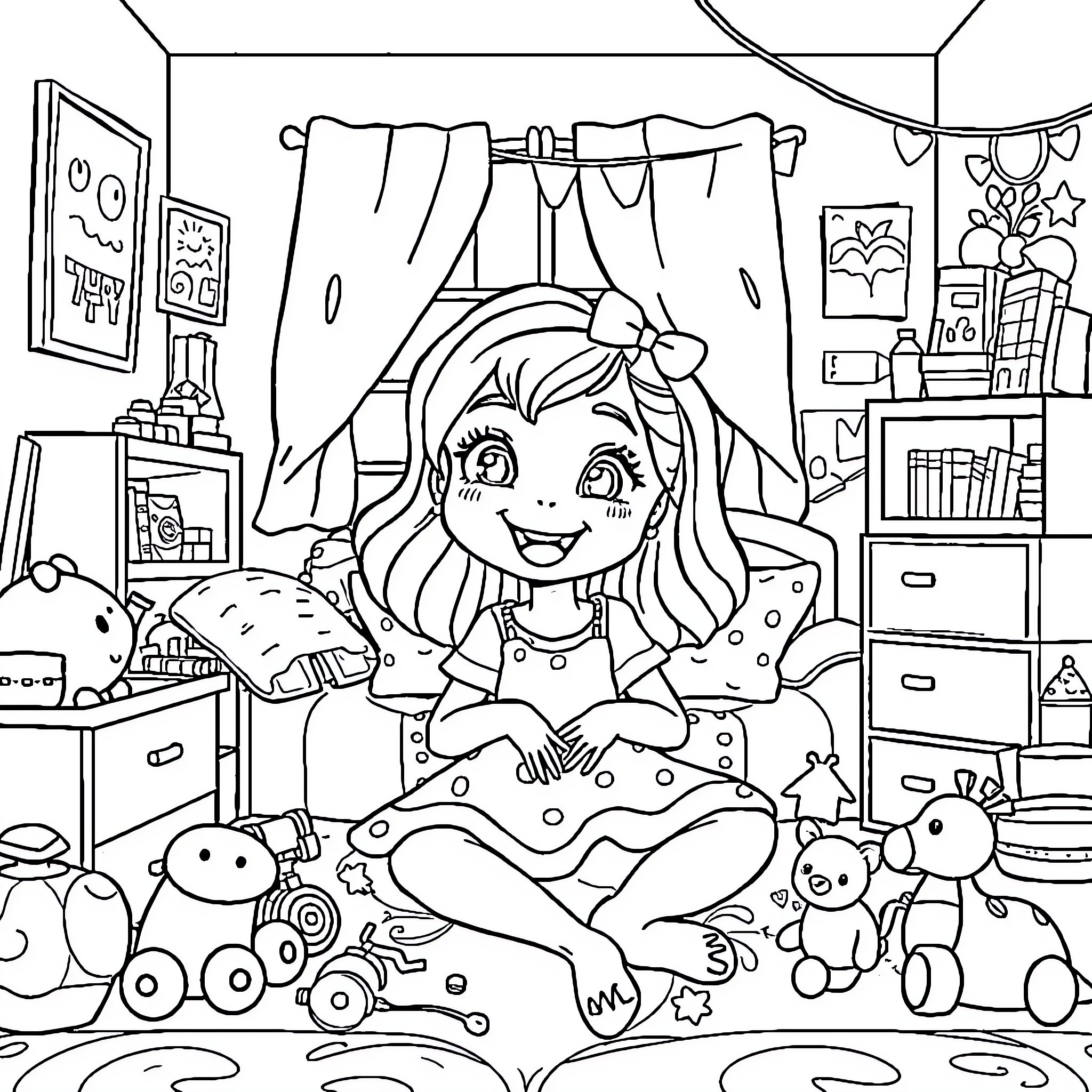 Bluey playing happily in her colorful bedroom Coloring Page (free black-and-white line drawing printable PDF for all, from beginners to advanced learners, including children, teens, adults, and seniors)