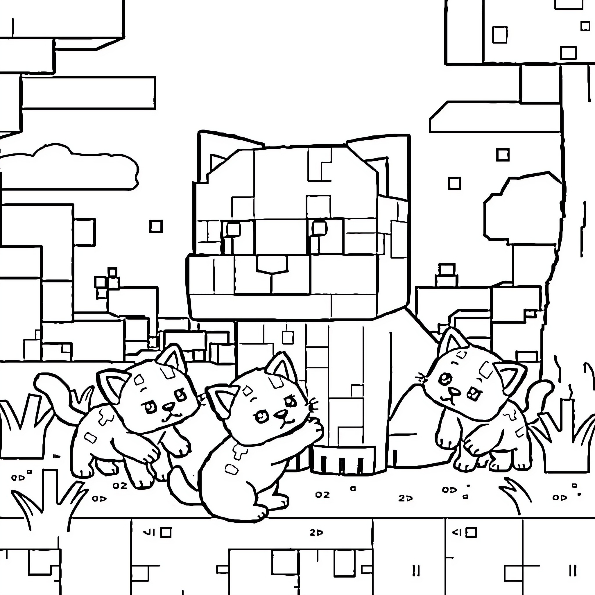 Cats playing in a stylized town Coloring Page (free black-and-white line drawing printable PDF for all, from beginners to advanced learners, including children, teens, adults, and seniors)