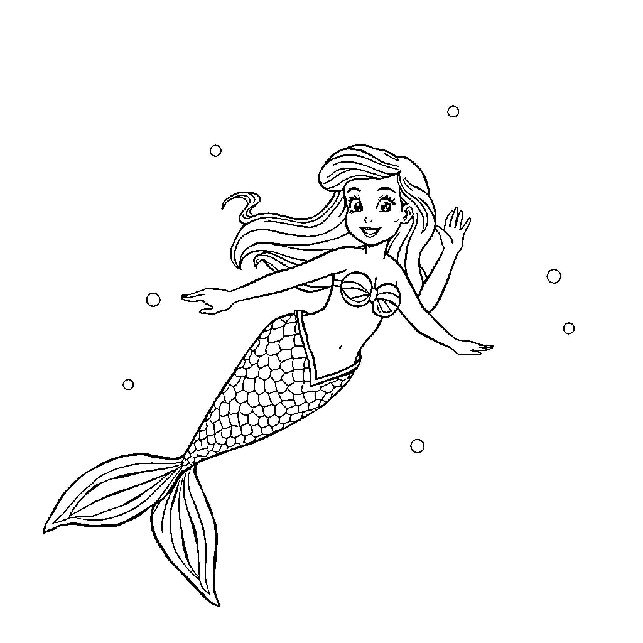 Ariel swimming happily in the ocean Coloring Page (free black-and-white line drawing printable PDF for all, from beginners to advanced learners, including children, teens, adults, and seniors)