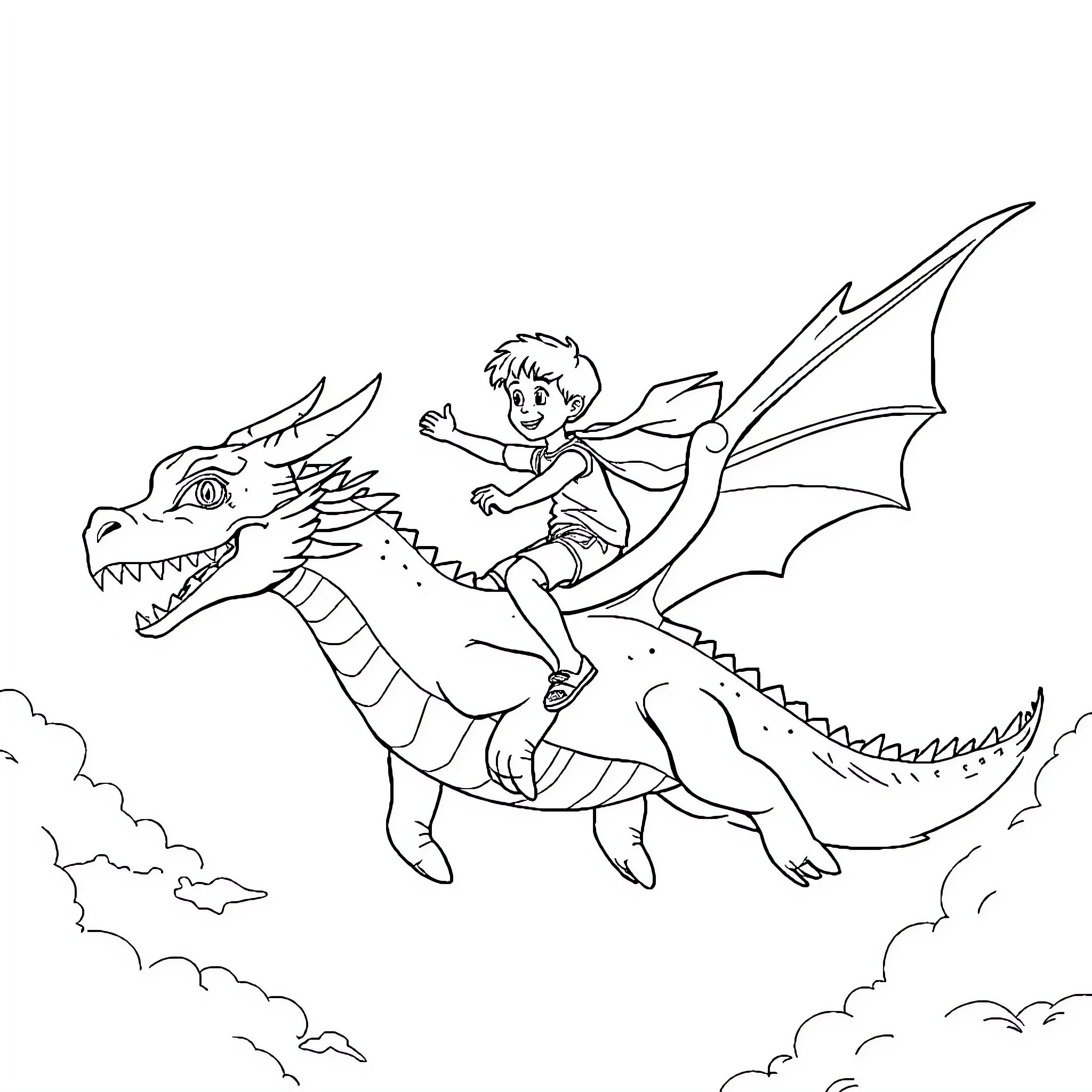 Boy riding a fierce dragon in the sky Coloring Page (free black-and-white line drawing printable PDF for all, from beginners to advanced learners, including children, teens, adults, and seniors)