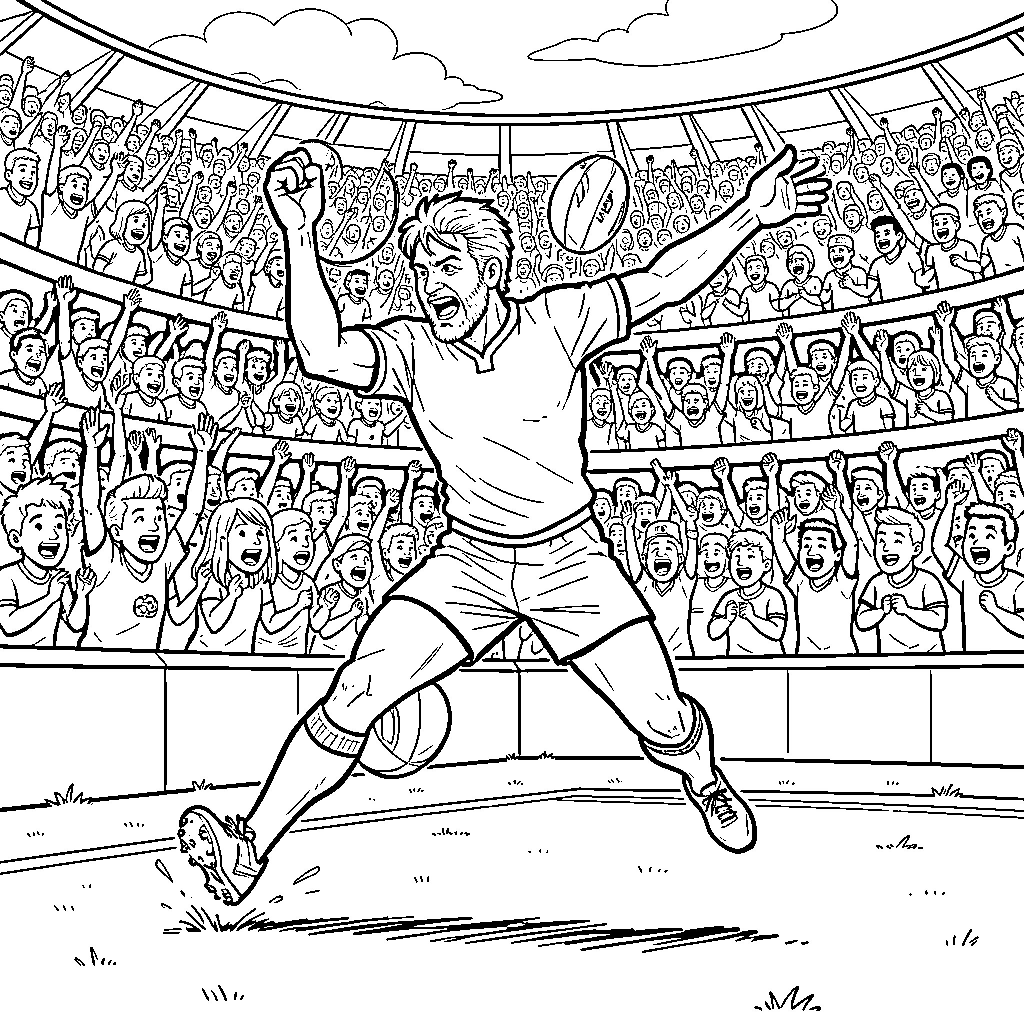 Rugby player celebrating a score before a cheering crowd Coloring Page (free black-and-white line drawing printable PDF for all, from beginners to advanced learners, including children, teens, adults, and seniors)