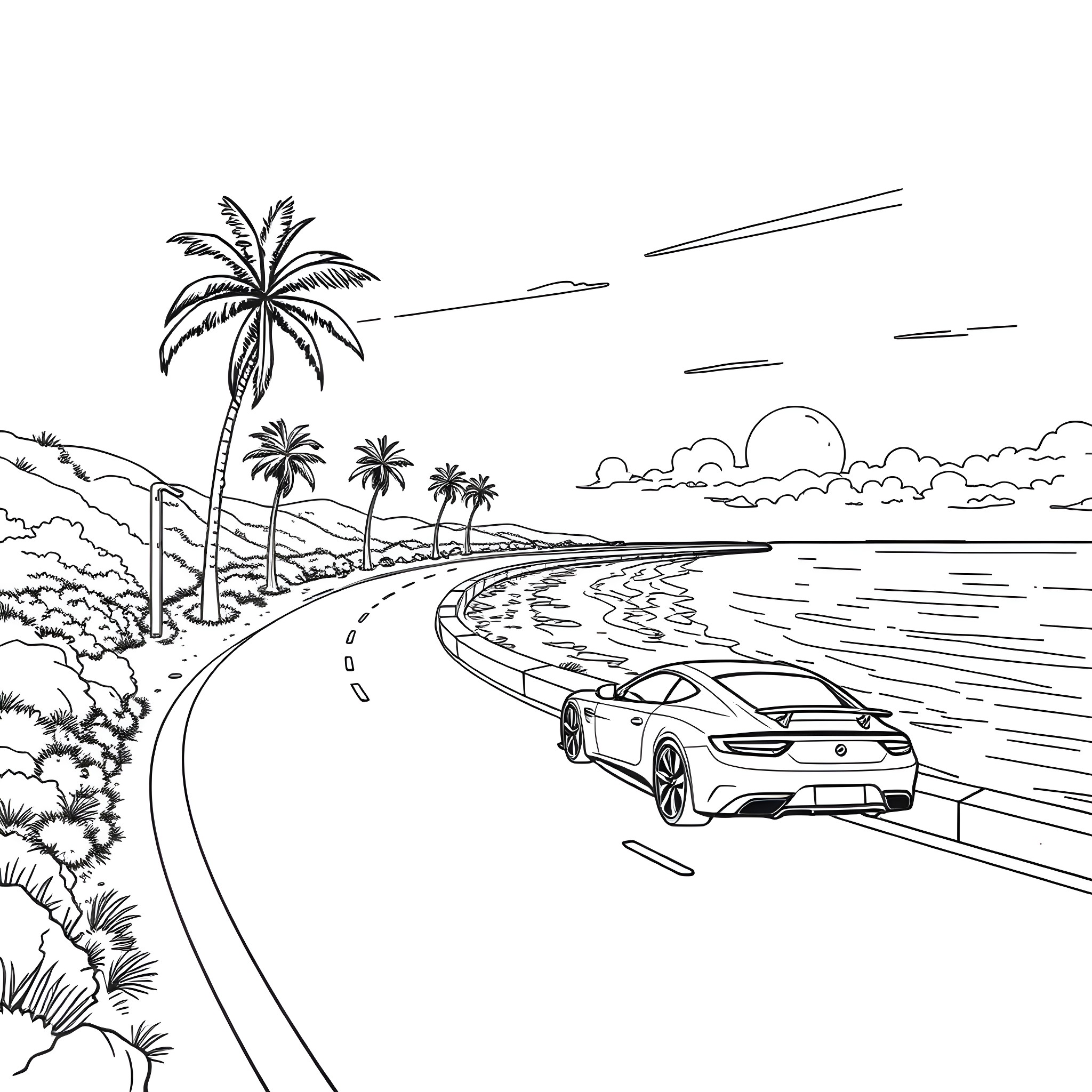 Car speeding along coastal road with palm trees Coloring Page (free black-and-white line drawing printable PDF for all, from beginners to advanced learners, including children, teens, adults, and seniors)