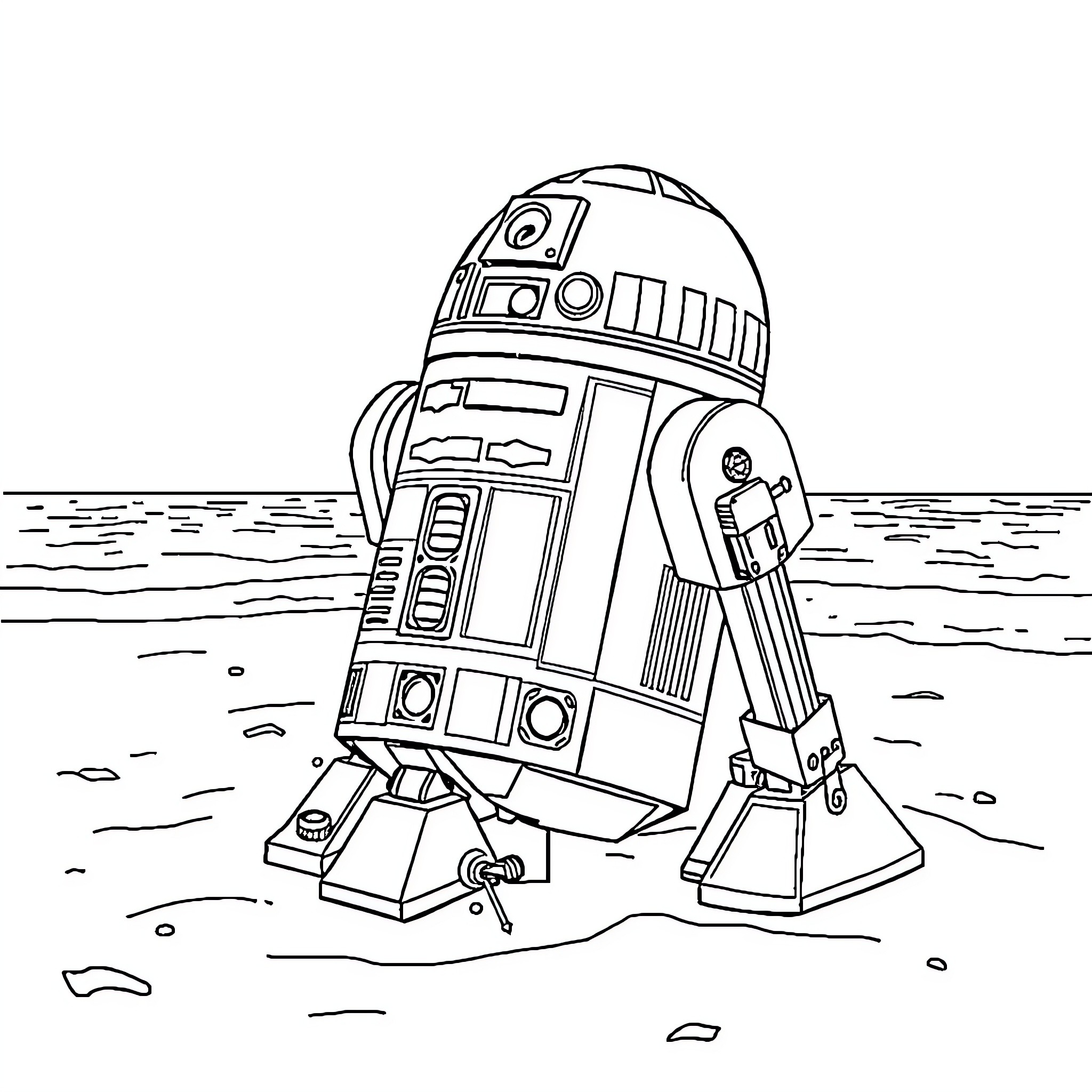 R2D2 stranded on a desolate planet Coloring Page (free black-and-white line drawing printable PDF for all, from beginners to advanced learners, including children, teens, adults, and seniors)