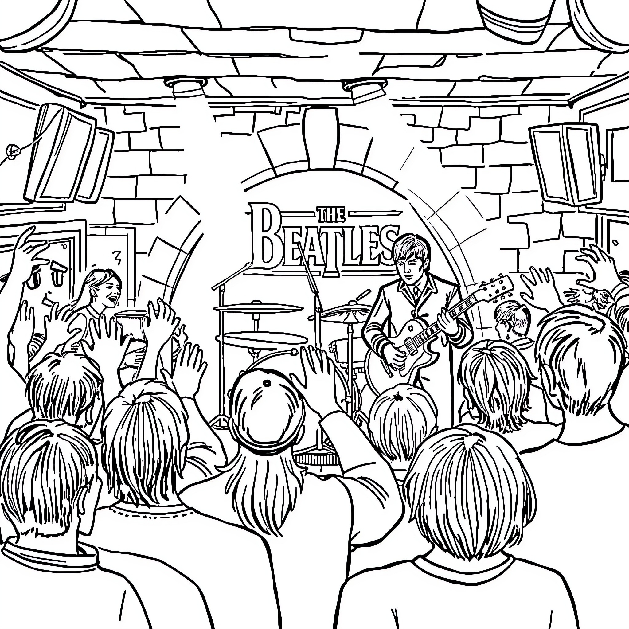 The Beatles performing live on stage Coloring Page (free black-and-white line drawing printable PDF for all, from beginners to advanced learners, including children, teens, adults, and seniors)
