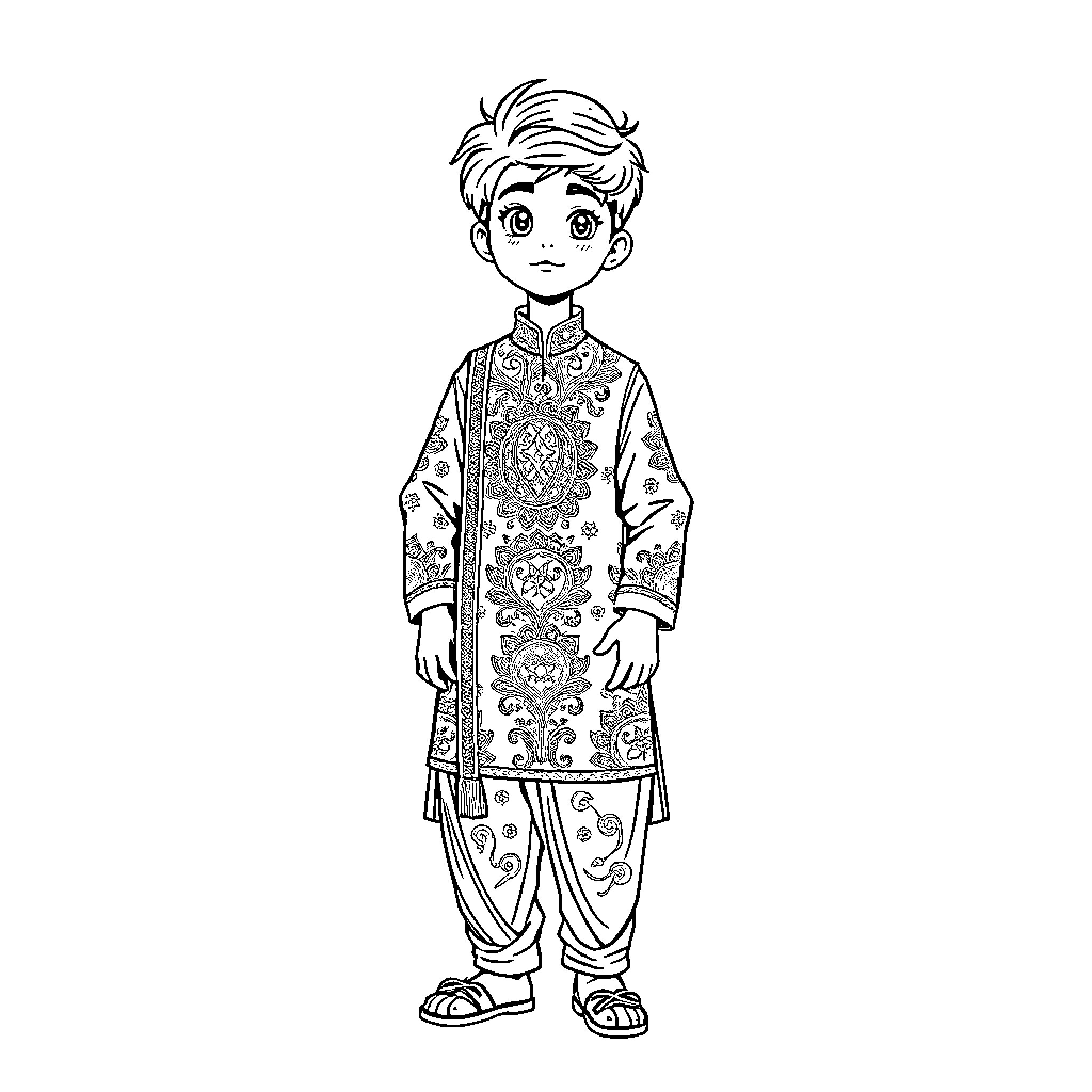 Anime Boy in Traditional Asian Attire Coloring Page (free black-and-white line drawing printable PDF for all, from beginners to advanced learners, including children, teens, adults, and seniors)