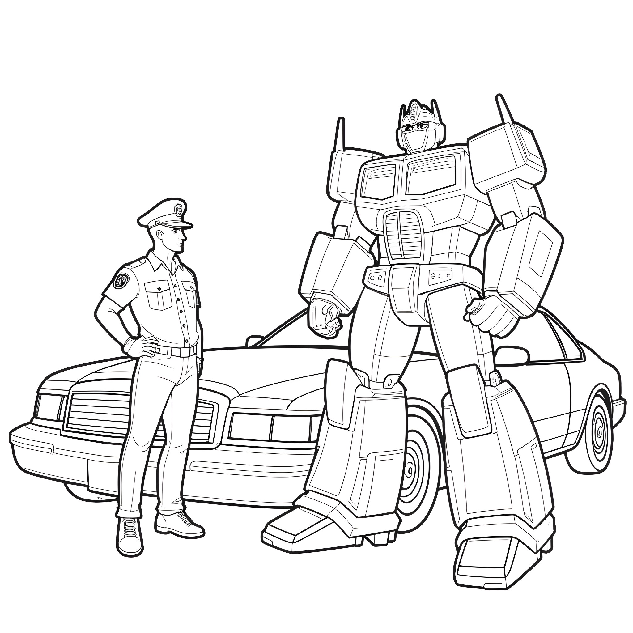 Optimus Prime standing tall with police officer by car Coloring Page (free black-and-white line drawing printable PDF for all, from beginners to advanced learners, including children, teens, adults, and seniors)