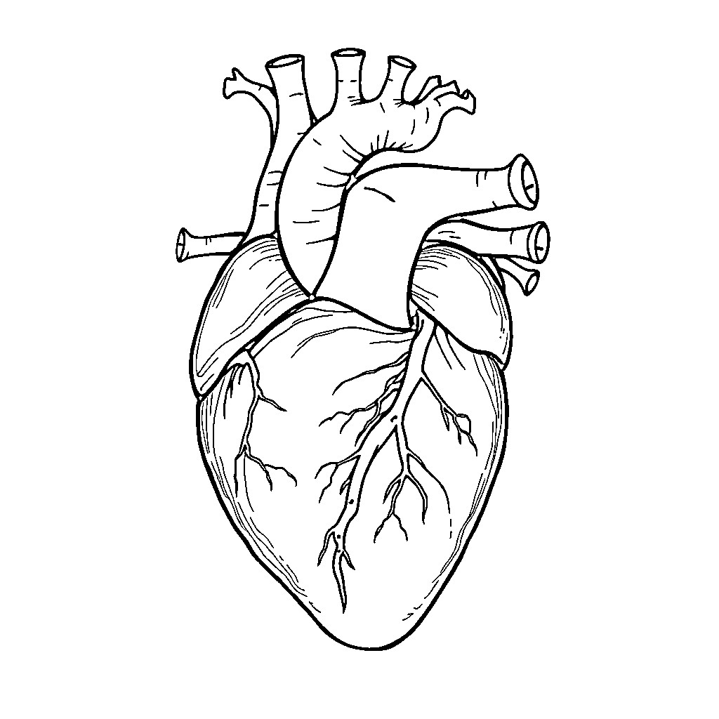 Heart Anatomy Sketch Coloring Page (free black-and-white line drawing printable PDF for all, from beginners to advanced learners, including children, teens, adults, and seniors)
