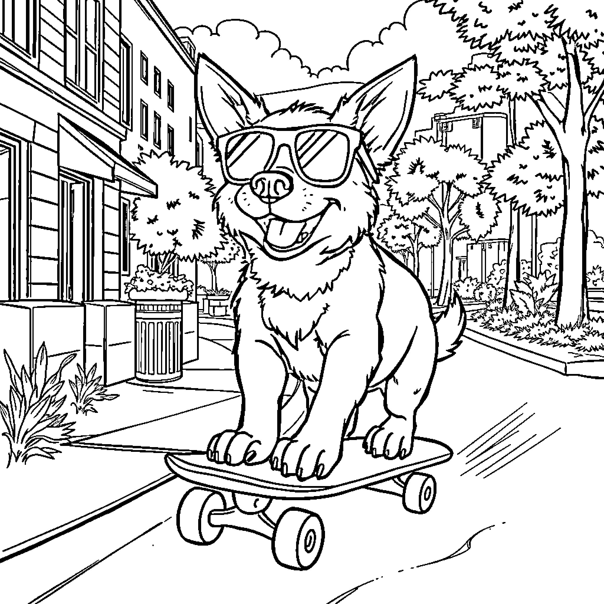 Dog riding a skateboard in a city street Coloring Page (free black-and-white line drawing printable PDF for all, from beginners to advanced learners, including children, teens, adults, and seniors)